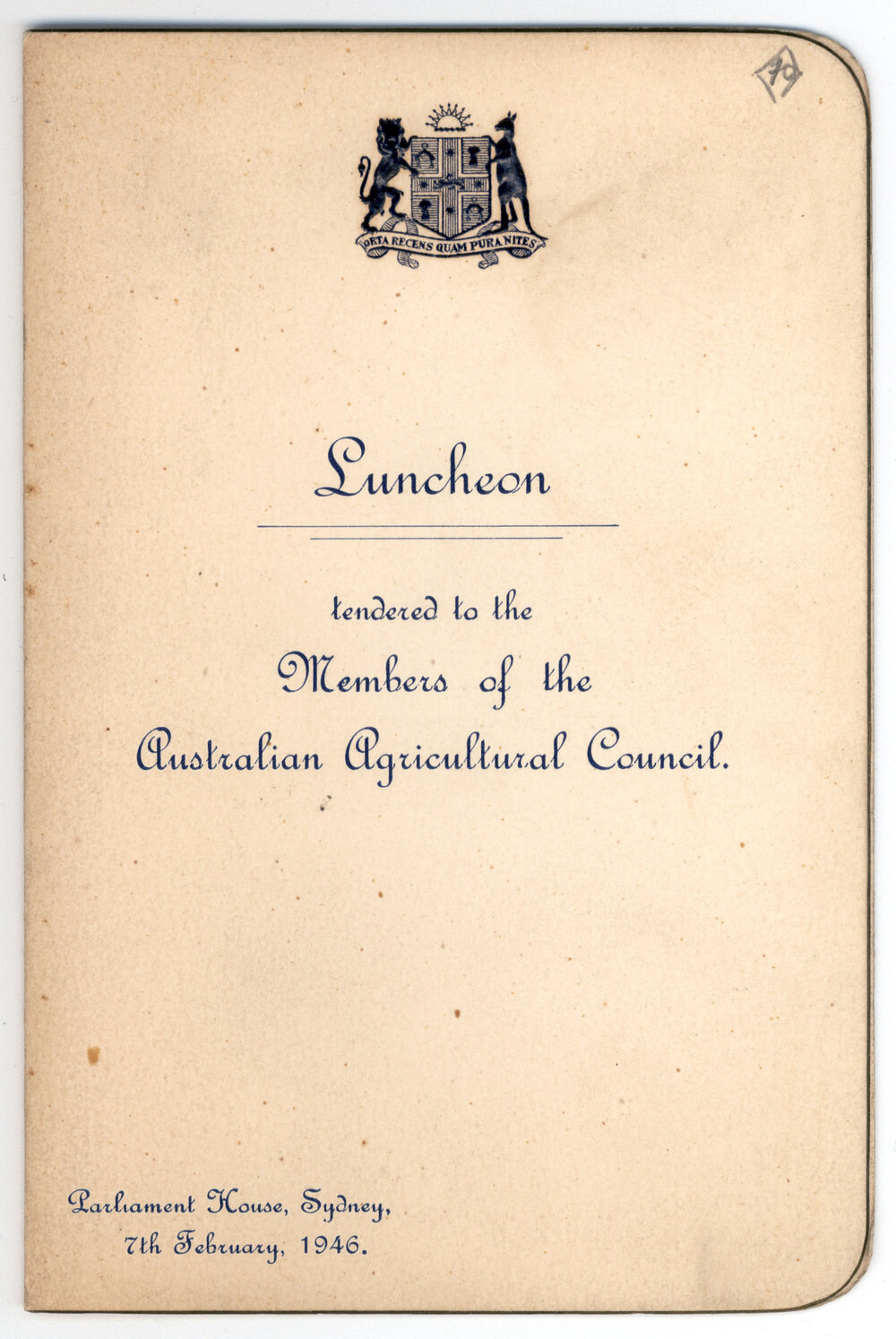 Menu - Luncheon Australian Agricultural Council, Parliament House - 1946