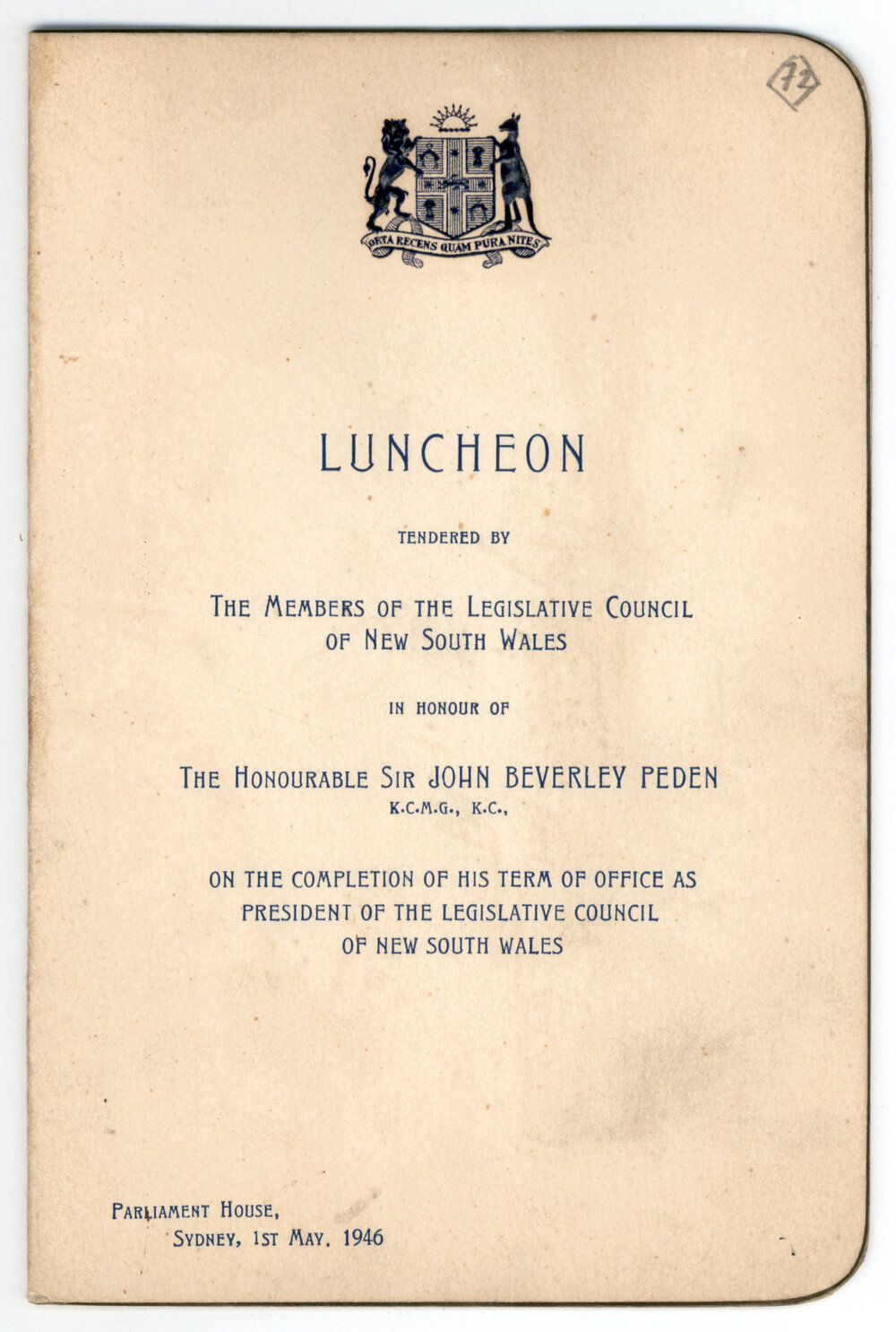 Menu - Luncheon John Beverley Peden, Parliament House - 1946