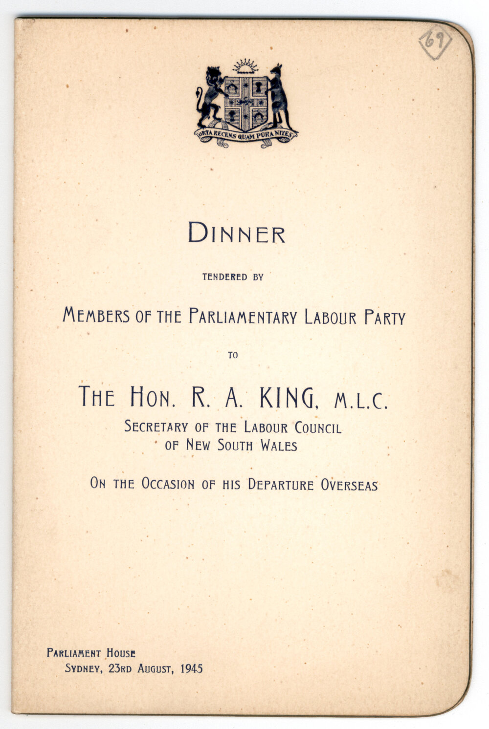 Menu - Dinner Robert Arthur King, MLC, Secretary of the Labour Council of NSW, Parliament House - 1945