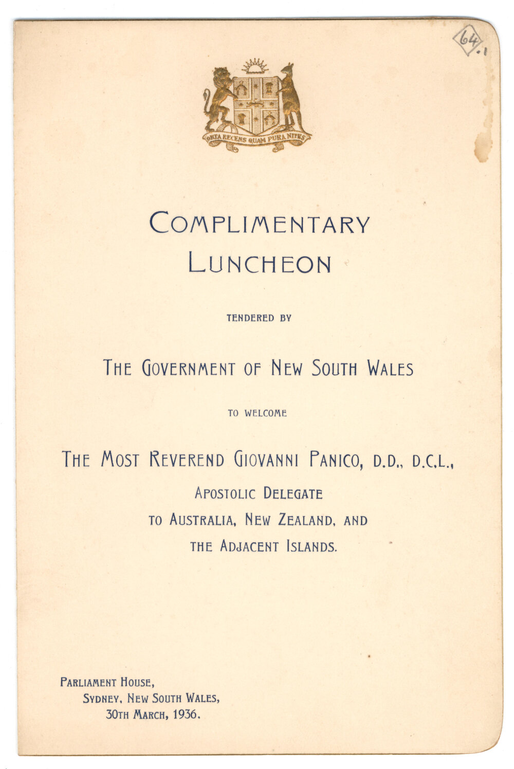 Menu - Luncheon Reverend Giovanni Panico, Parliament House - 1936