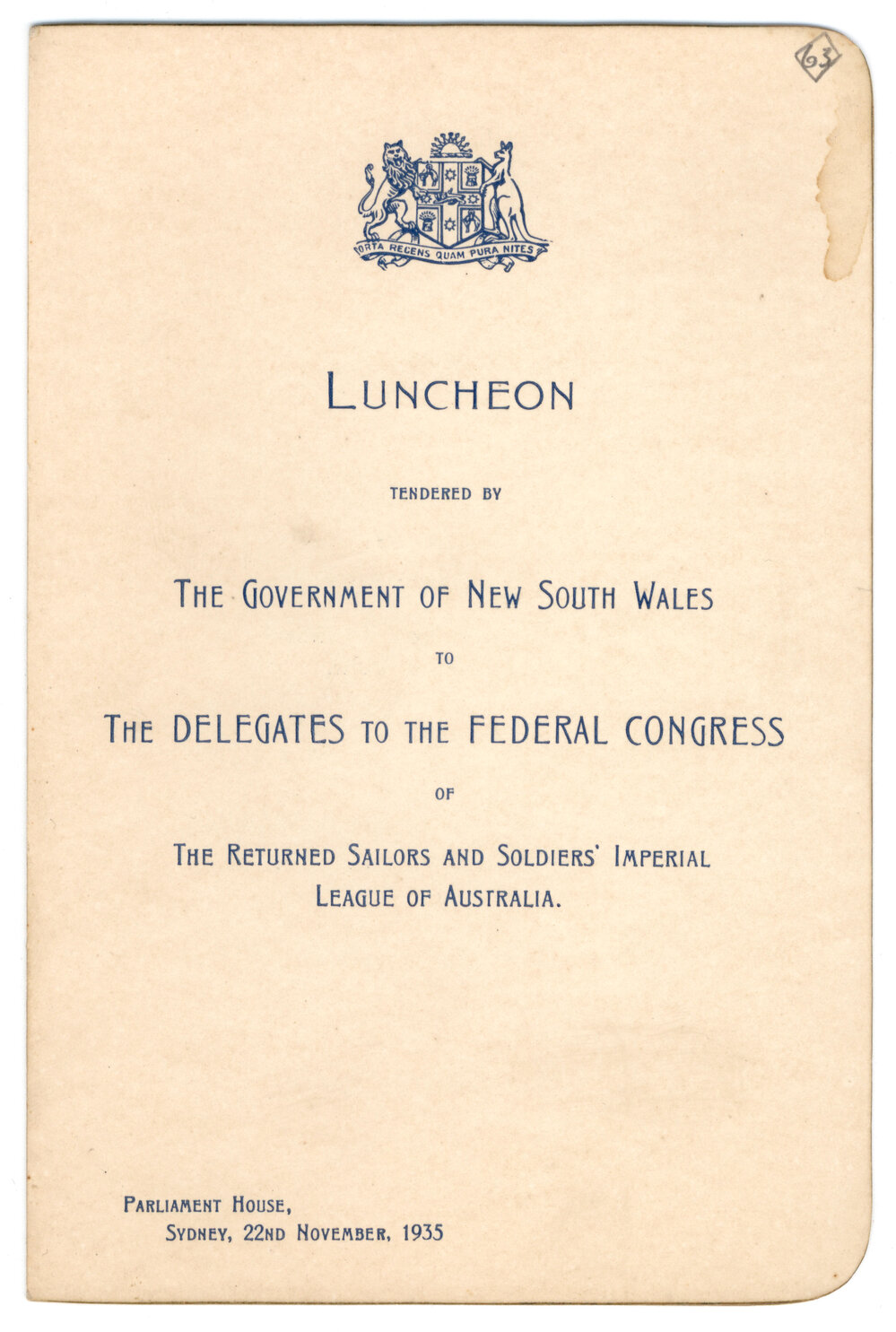 Menu - Luncheon Federal Congress of the Returned Sailors and Soldiers&rsquo; Imperial League of Australia, Parliament House - 1935