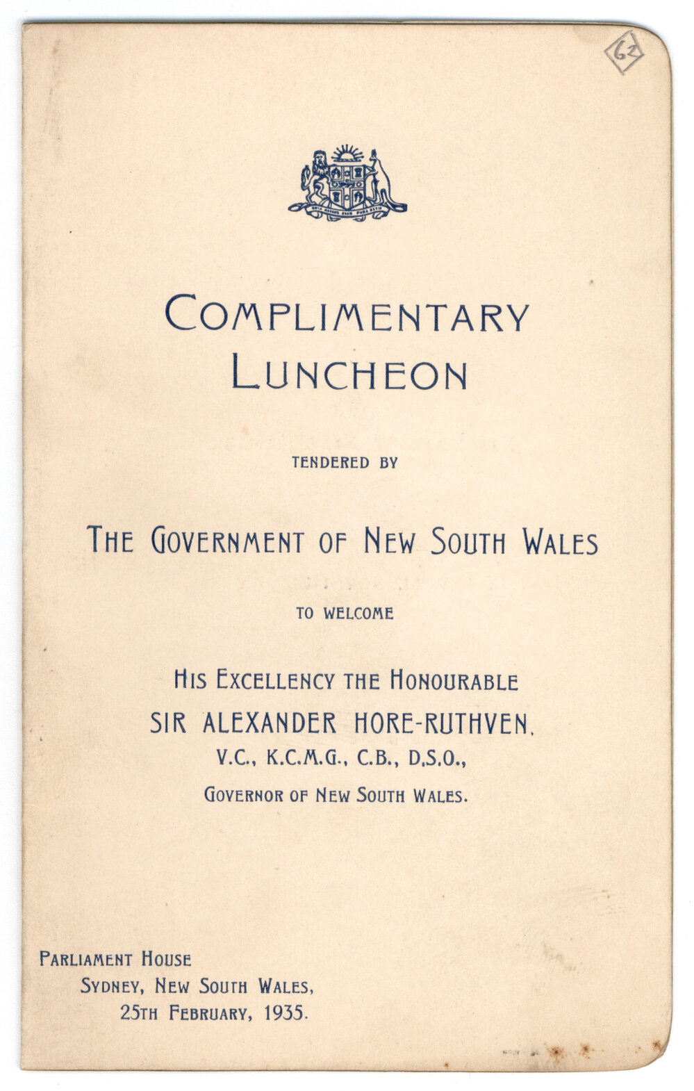 Menu - Luncheon Alexander Hore-Ruthven, Governor of NSW, Parliament House - 1935