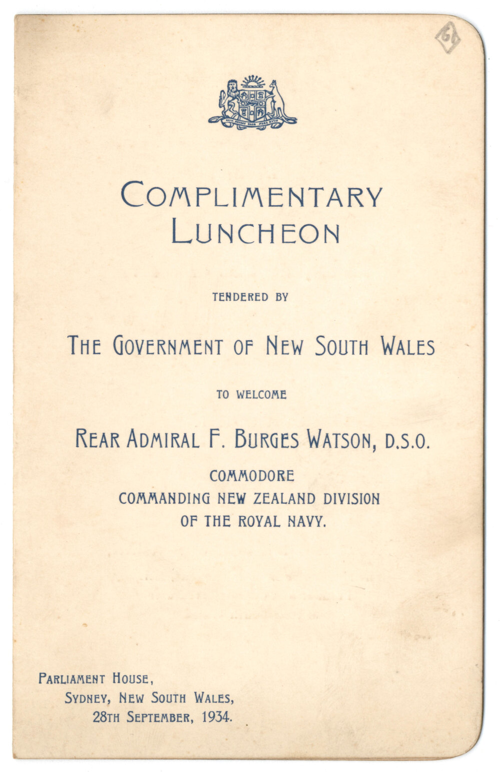 Menu - Luncheon Rear Admiral Fischer Burges Watson, Parliament House - 1934