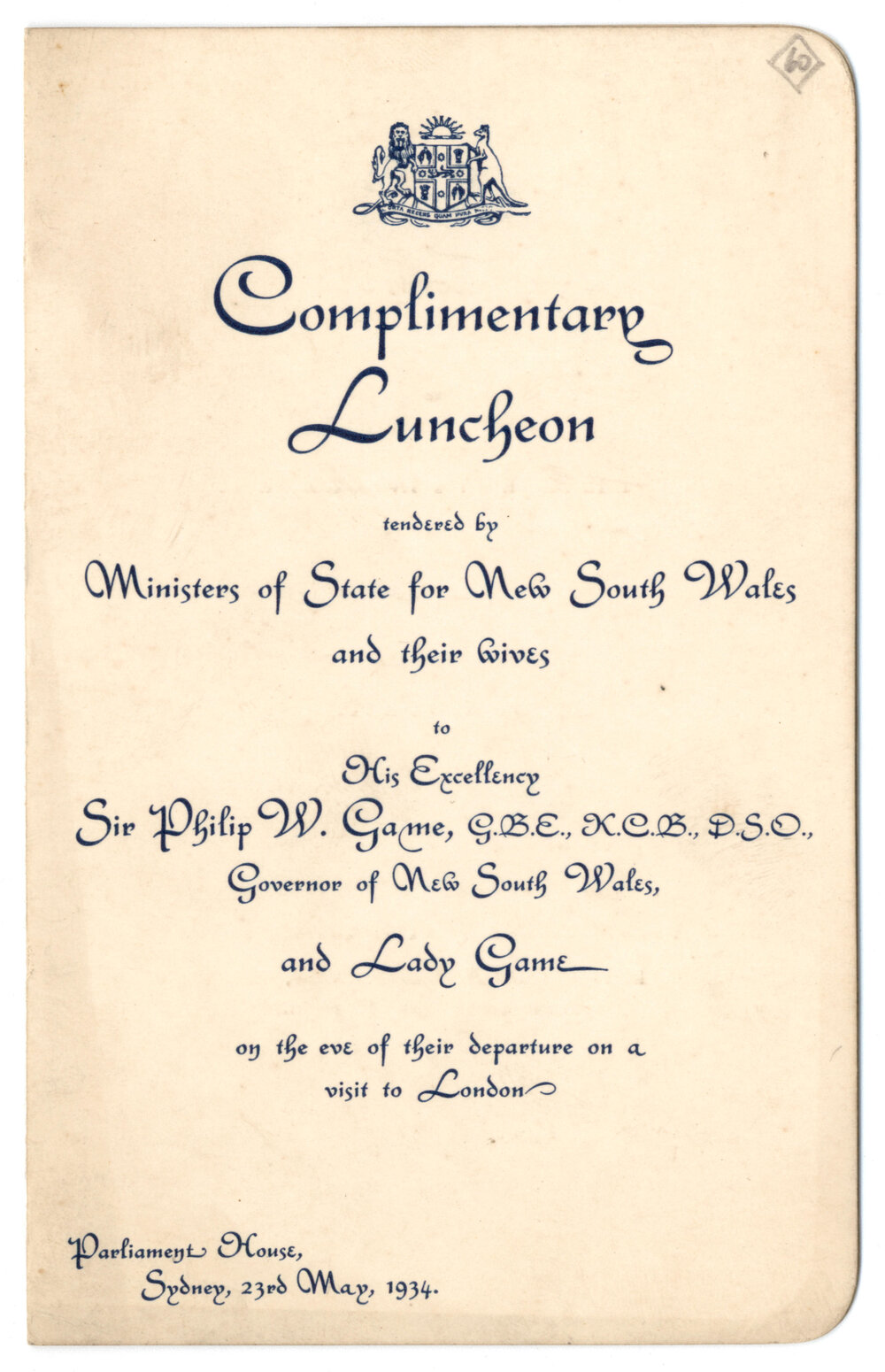 Menu - Luncheon Philip W. Game, Governor of NSW, and Lady Game, Parliament House - 1934