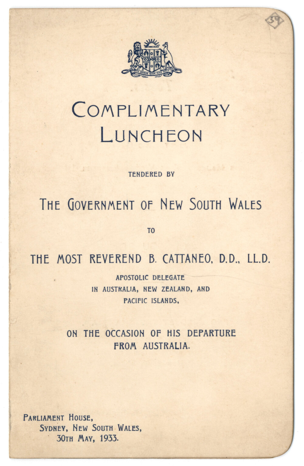 Menu - Luncheon Reverend Bartolomeo Cattaneo, Parliament House - 1933