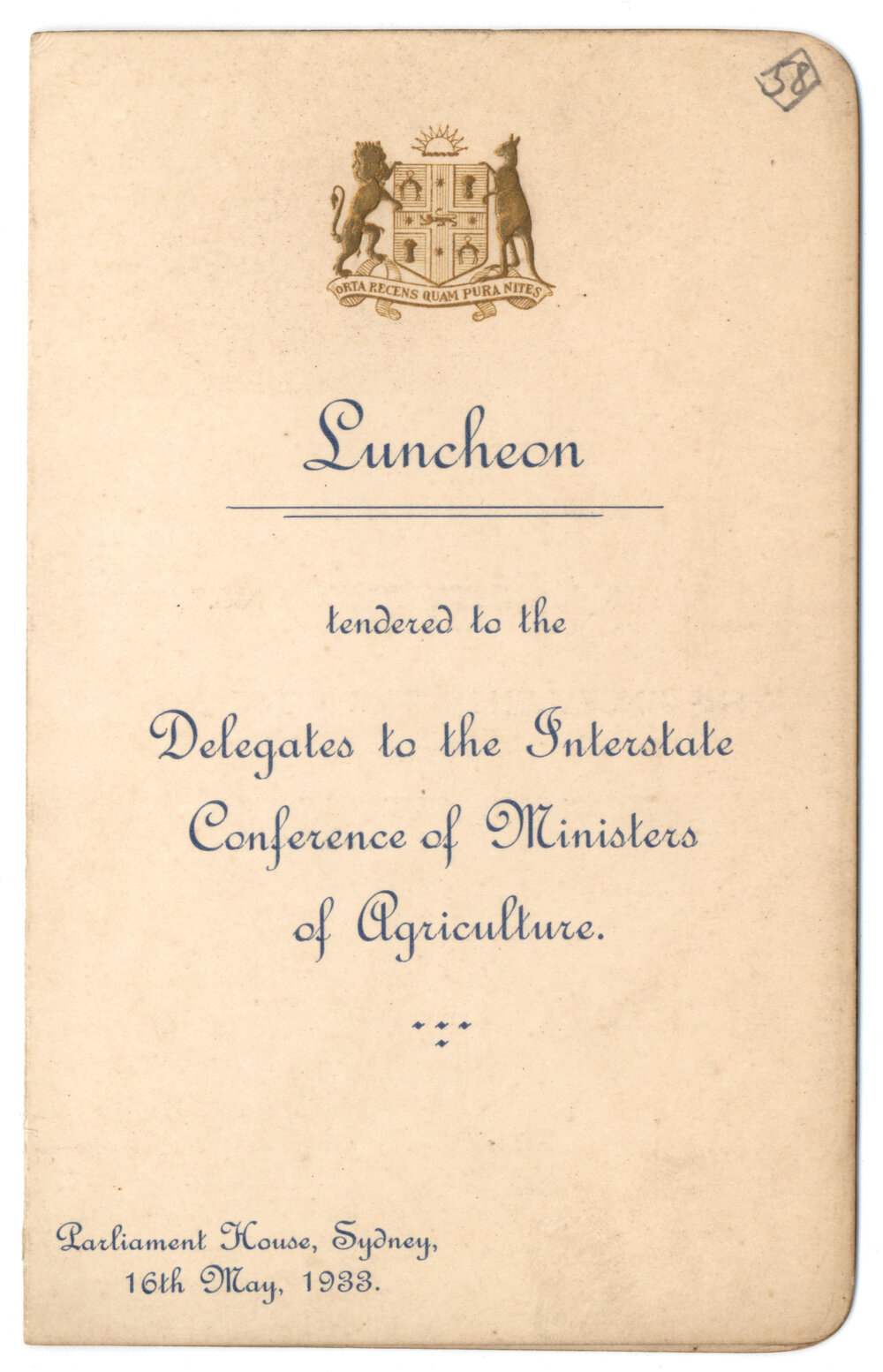 Menu - Luncheon Interstate Conference of Ministers of Agriculture, Parliament House - 1933