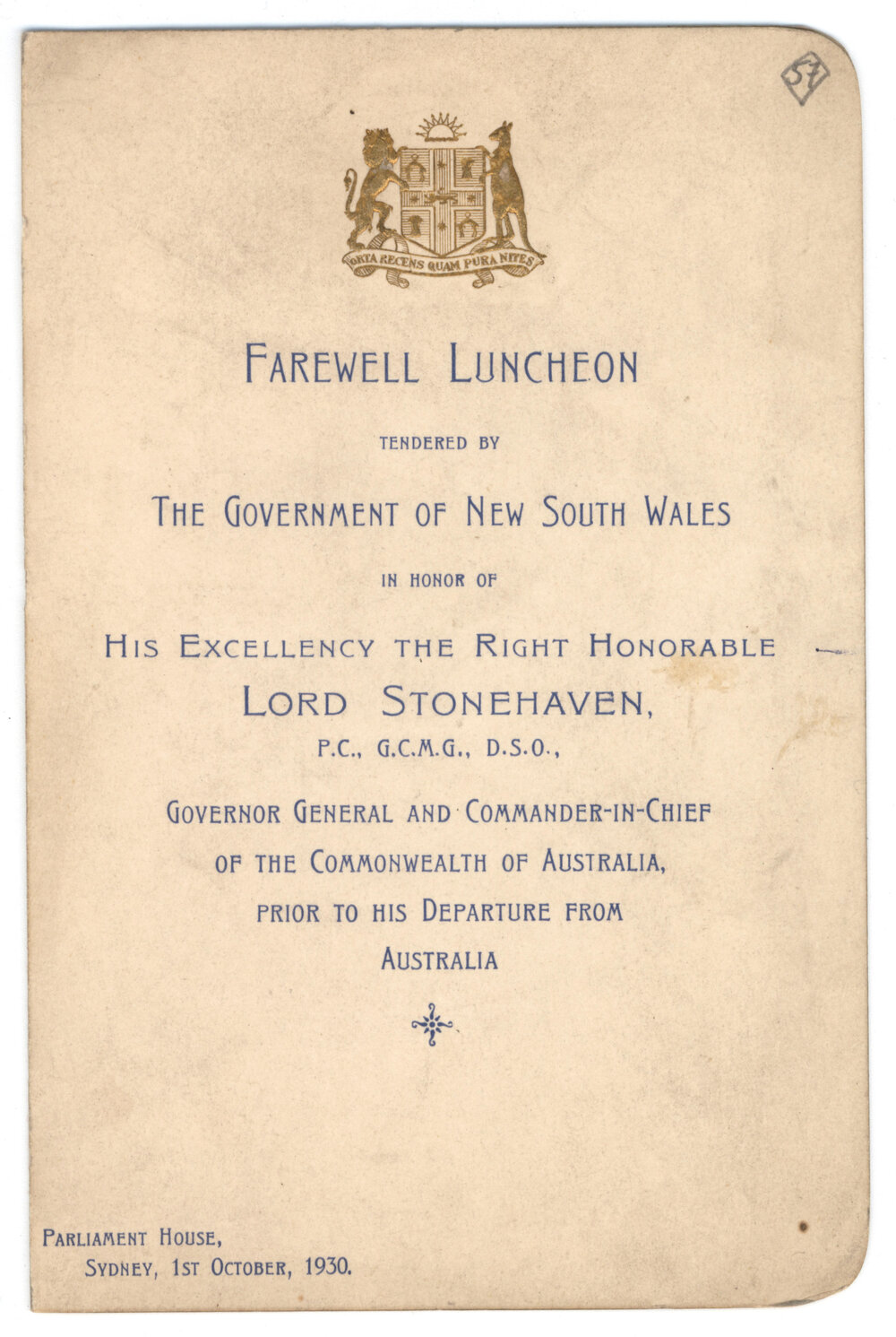 Menu - Farewell luncheon Lord Stonehaven, Governor General and Commander-in-Chief of the Commonwealth of Australia, Parliament House - 1930