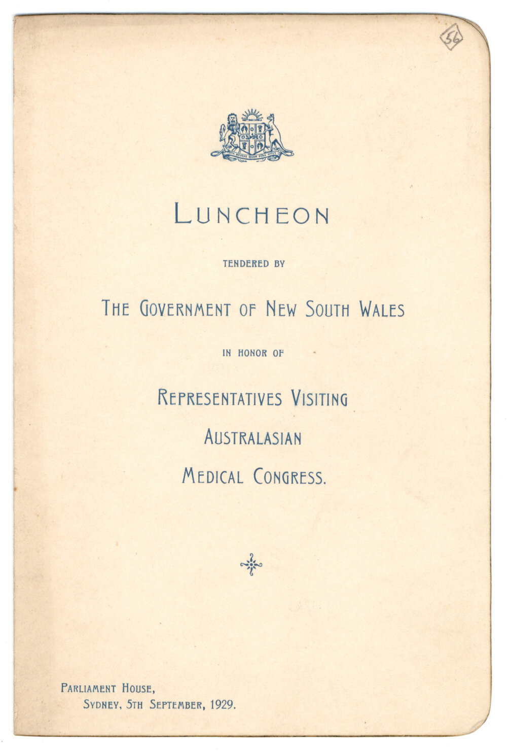 Menu - Luncheon Australasian Medical Congress Parliament House - 1929