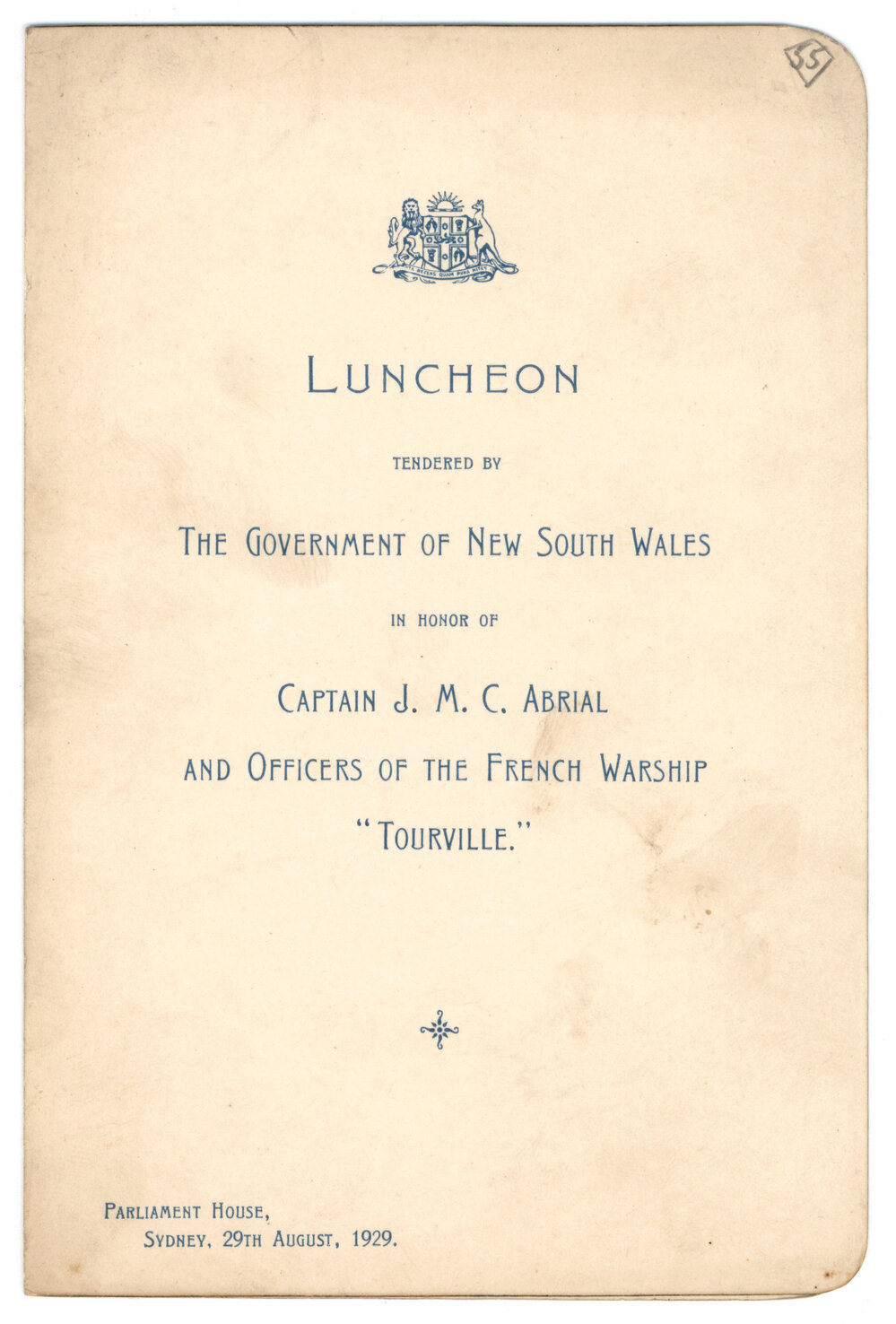 Menu - Luncheon Captain Jean-Marie Charles Abrial, Parliament House - 1929