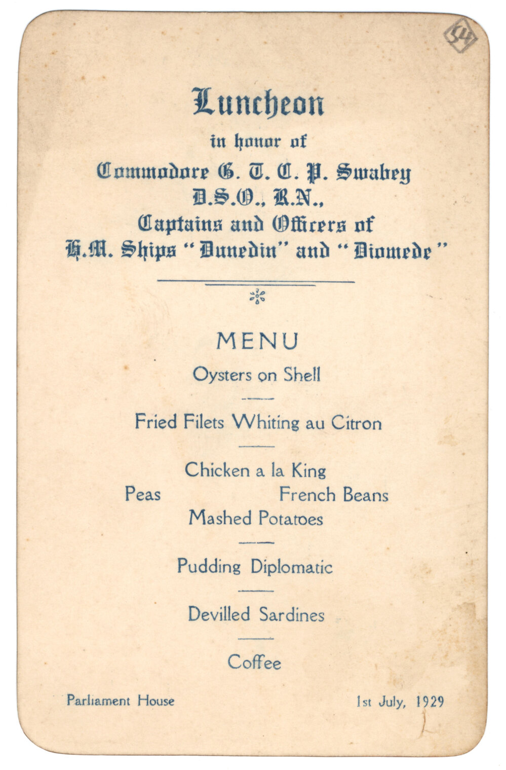 Menu - Luncheon Commodore G. T. C. P. Swabey, Parliament House - 1929