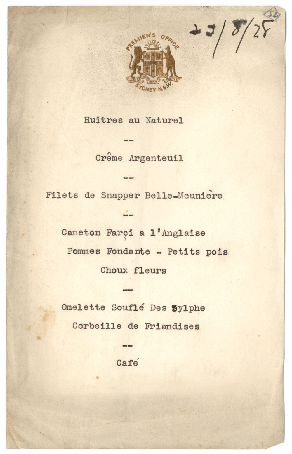 Menu - Premier&rsquo;s Office - August 1928