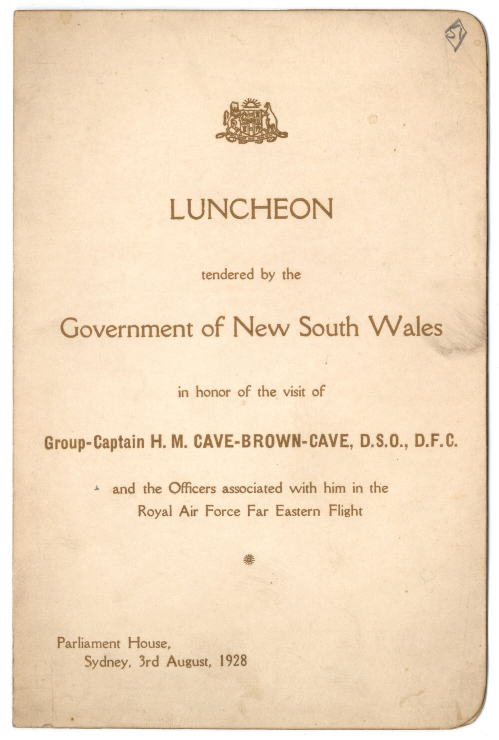 Menu - Luncheon Group-Captain Henry Meyrick Cave-Brown-Cave and officers, Parliament House - 1928