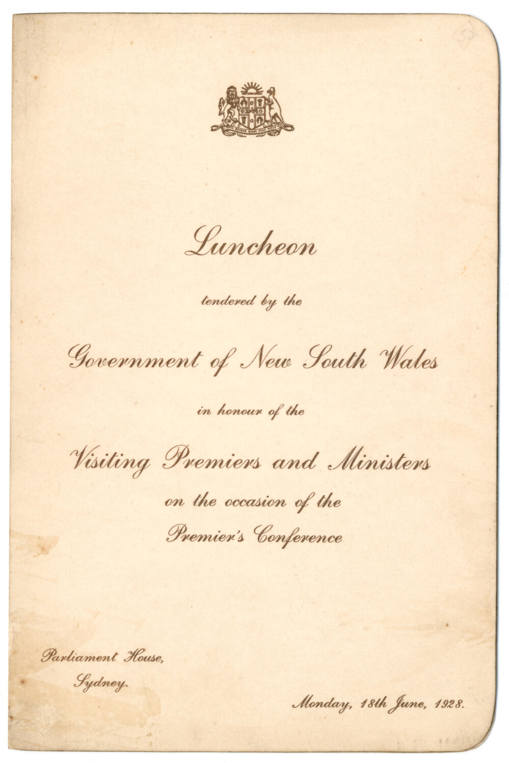 Menu - Luncheon Premiers and Ministers; Premiers Conference, Parliament House - 1928