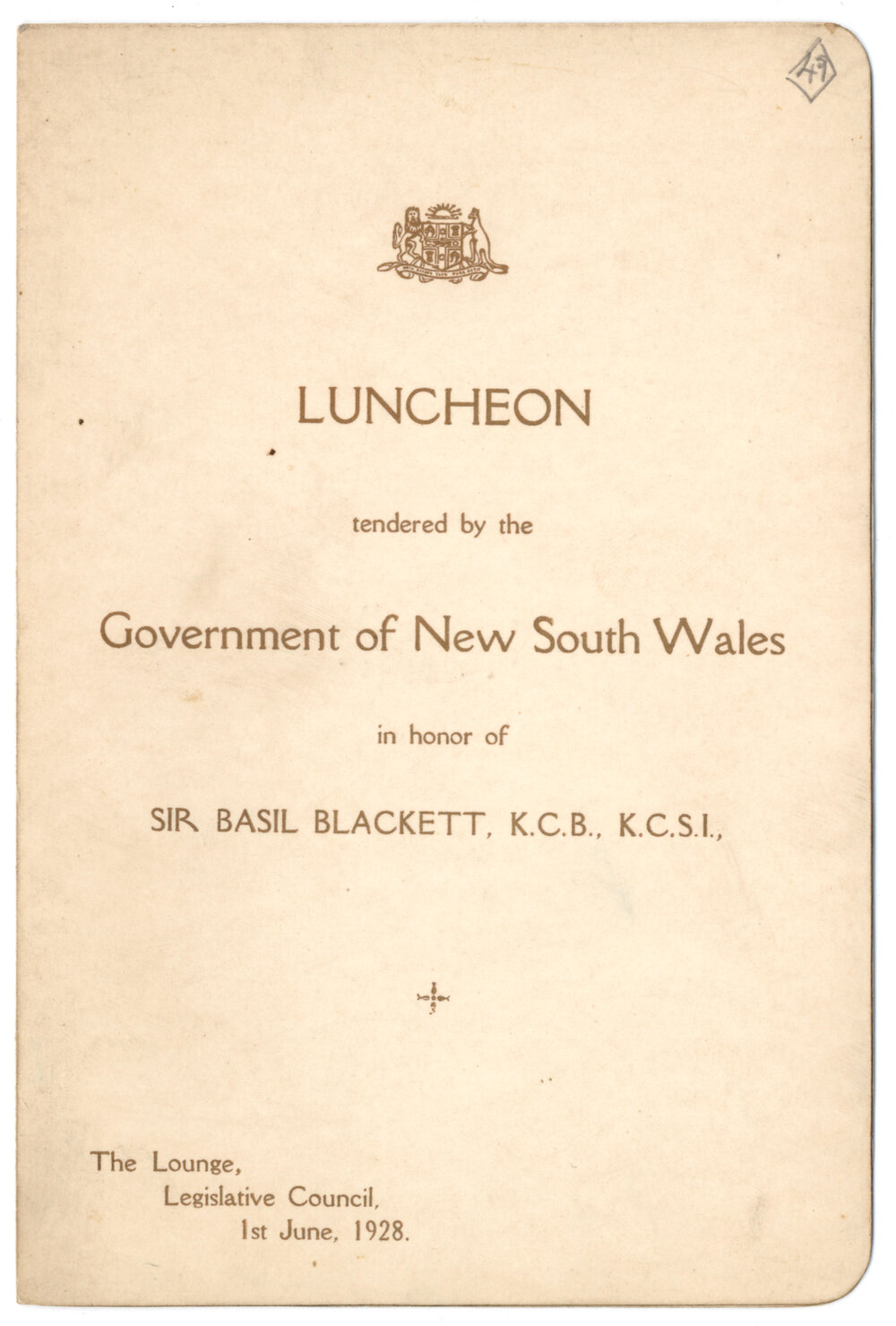 Menu - Luncheon Basil Blackett, The Lounge, Legislative Council - 1928