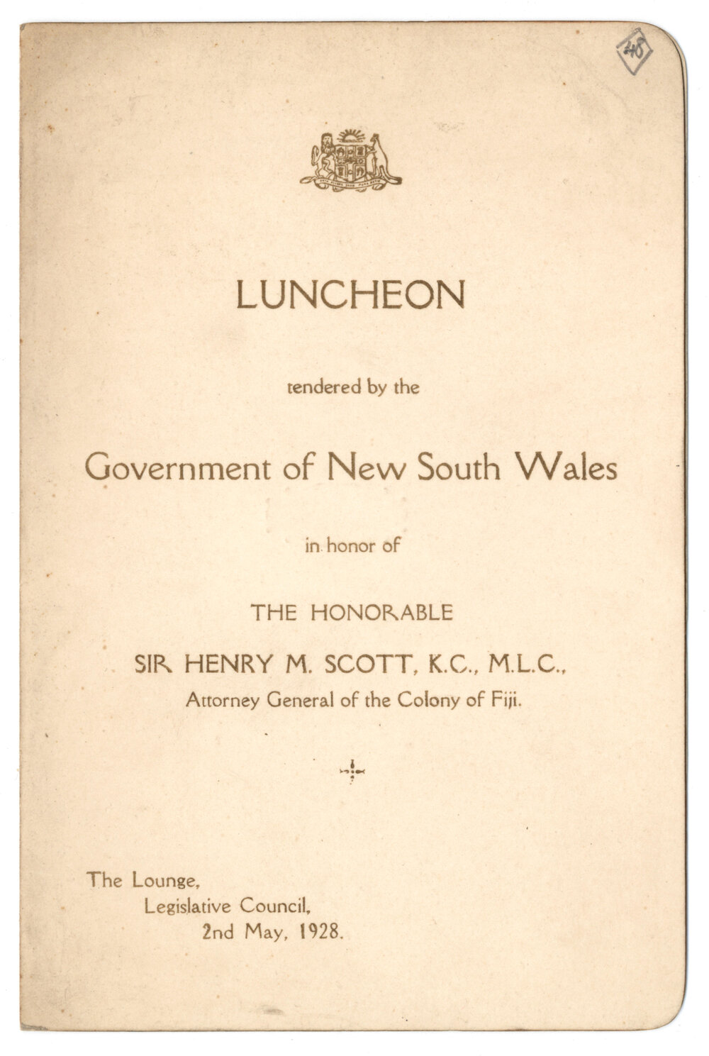 Menu - Luncheon Henry M. Scott, Attorney General of the Colony of Fiji, The Lounge, Legislative Council - 1928