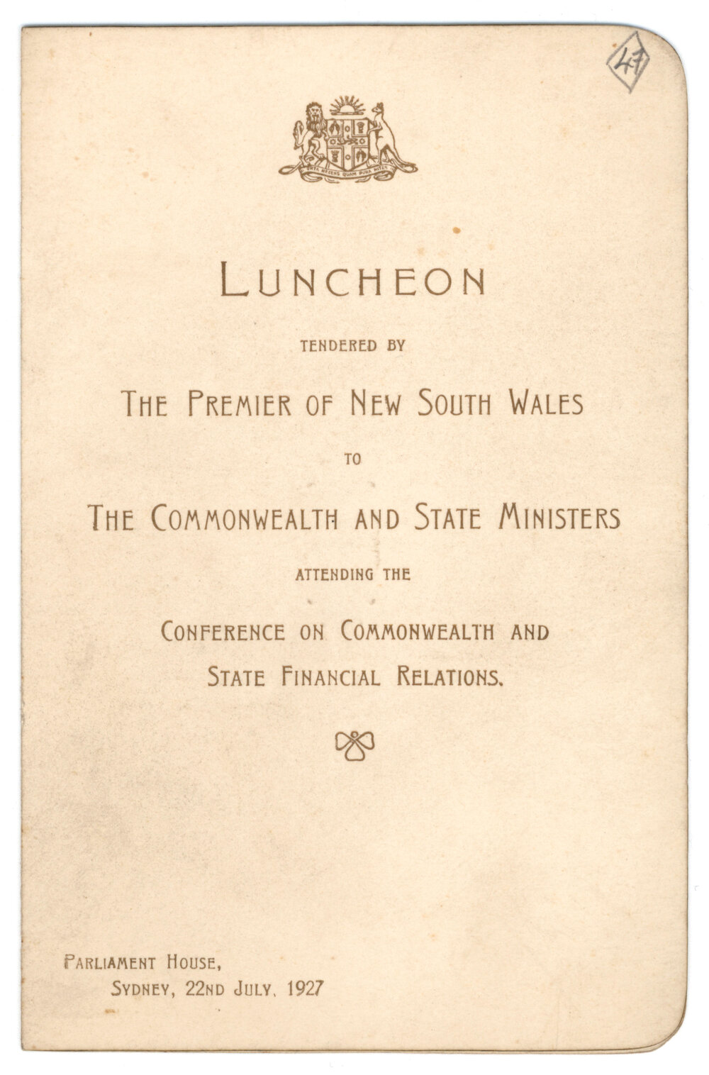 Menu - Luncheon Commonwealth and State Ministers; Conference on Commonwealth and State Financial Relations, Parliament House - 1927