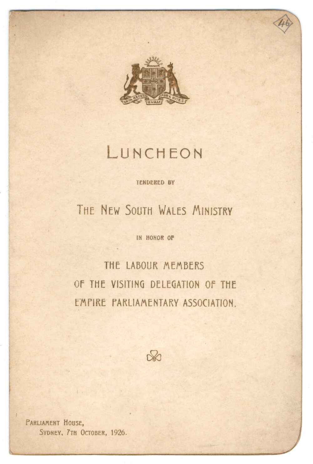 Menu - Luncheon Empire Parliamentary Association, Parliament House - 1926