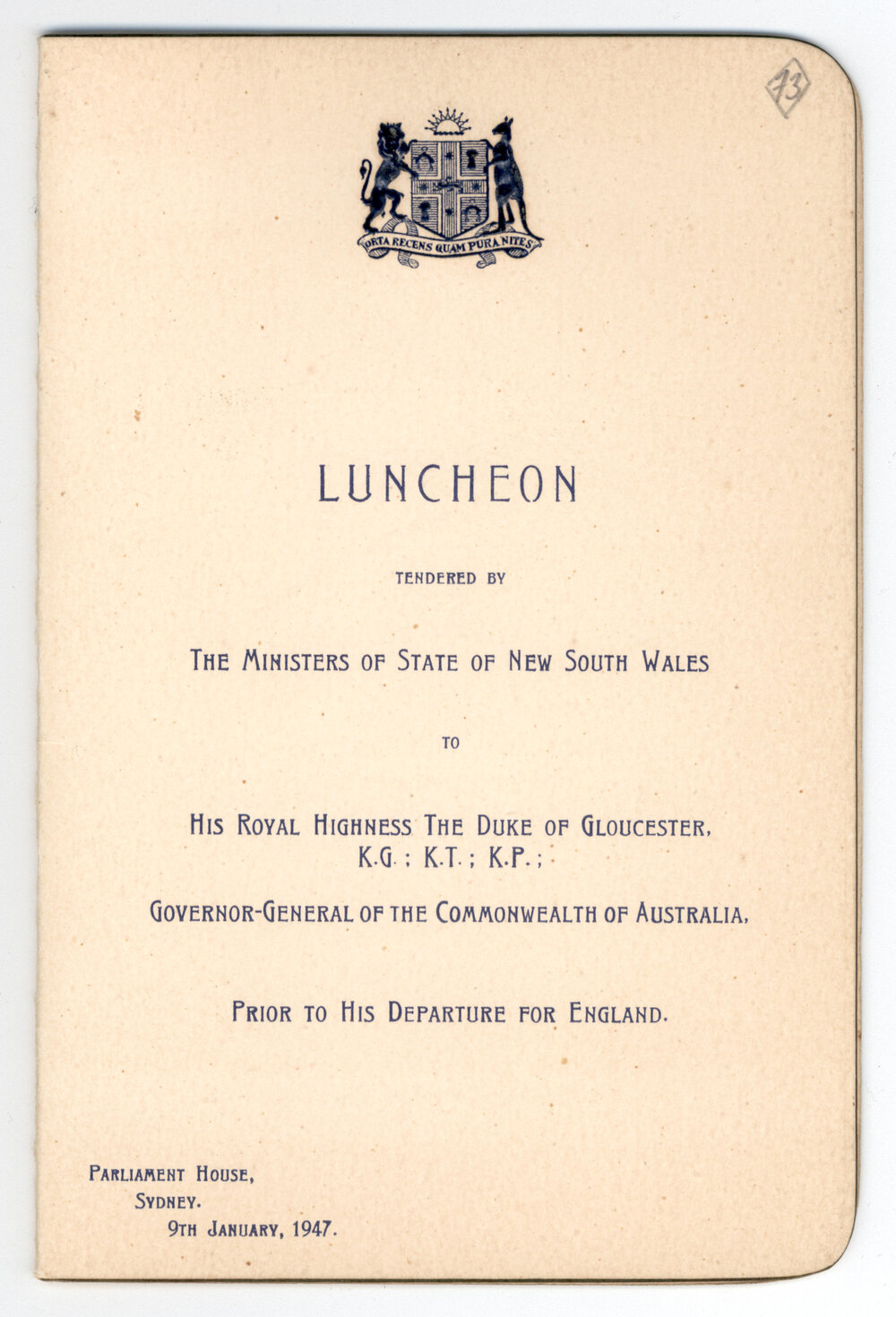 Menu - Luncheon Duke of Gloucester, Governor-General, Parliament House - 1947