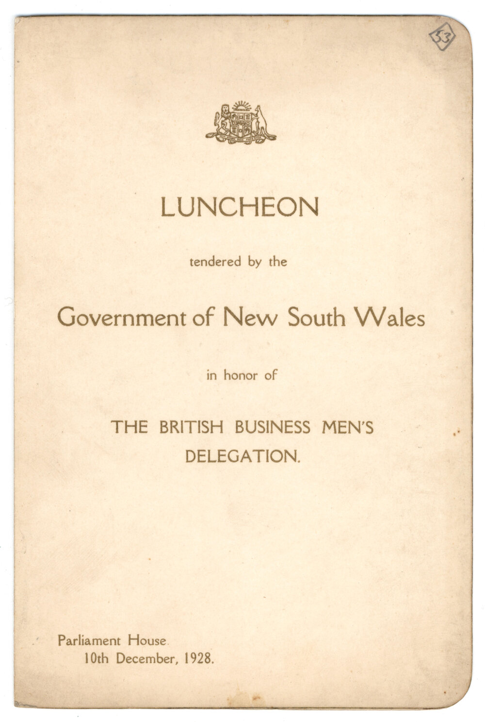 Menu - Luncheon British Business Mens delegation, Parliament House - 1928