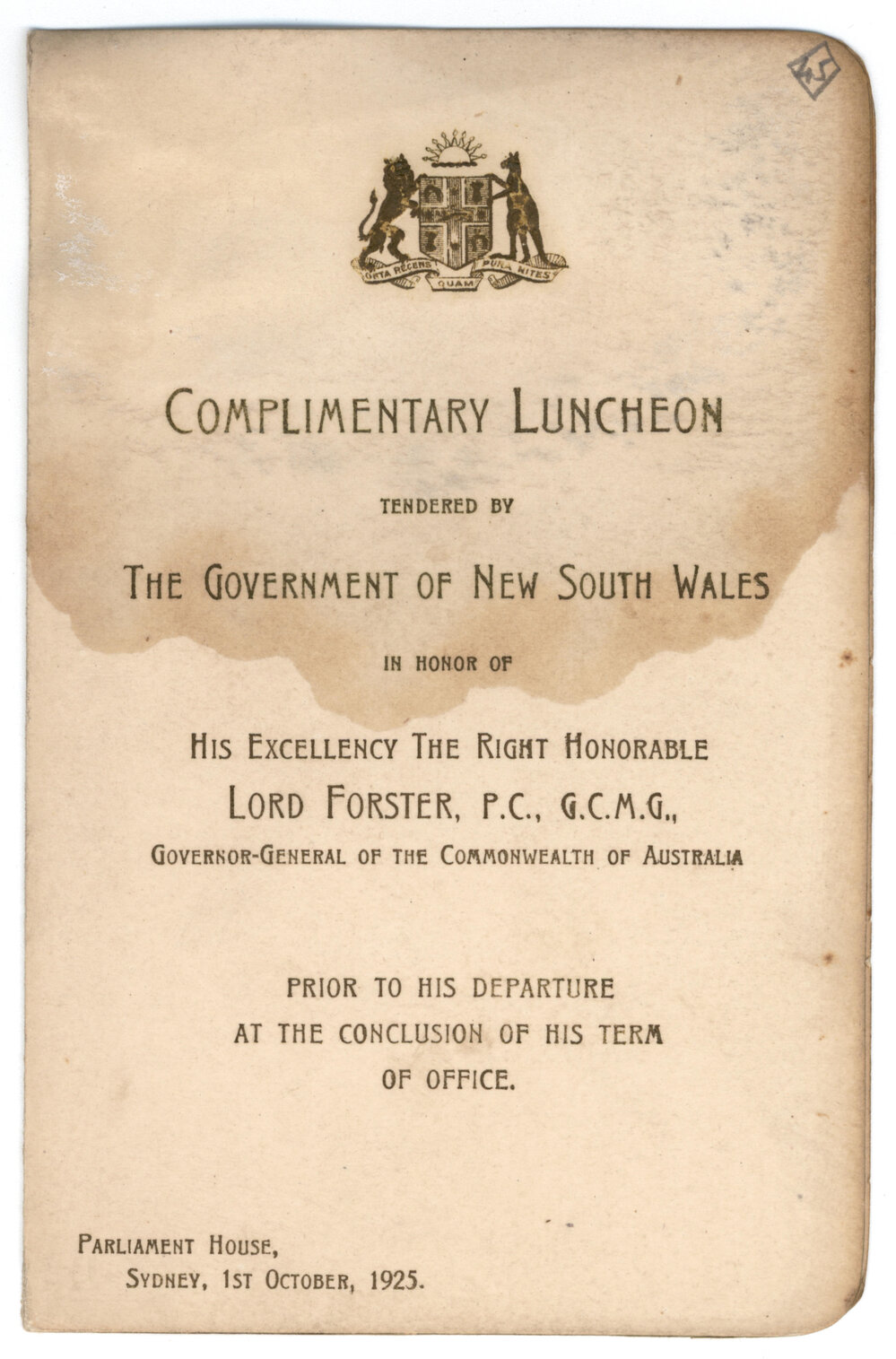 Menu - Luncheon Lord Forster, Governor-General, Parliament House - 1925