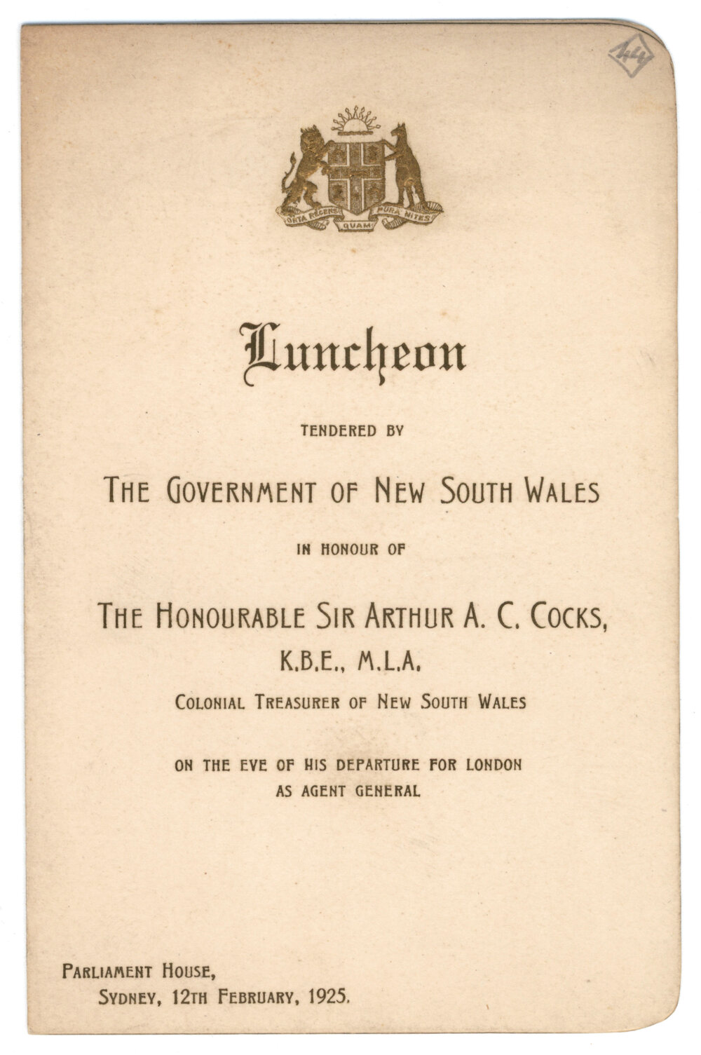 Menu - Luncheon Arthur Alfred Clement Cocks, Colonial Treasurer, Parliament House - 1925 