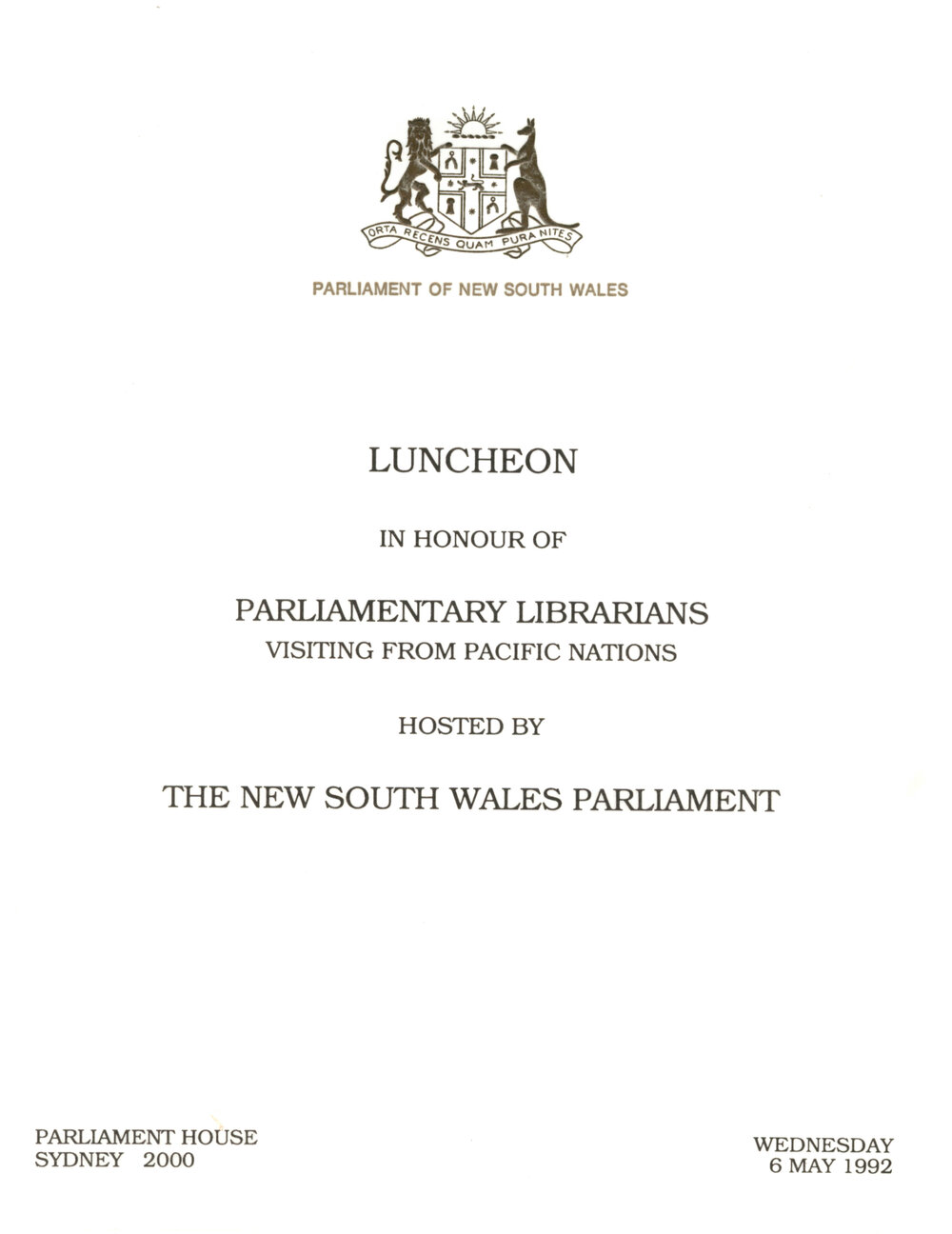 Menu - Luncheon Parliamentary Librarians from Pacific Nations, Parliament House - 1992