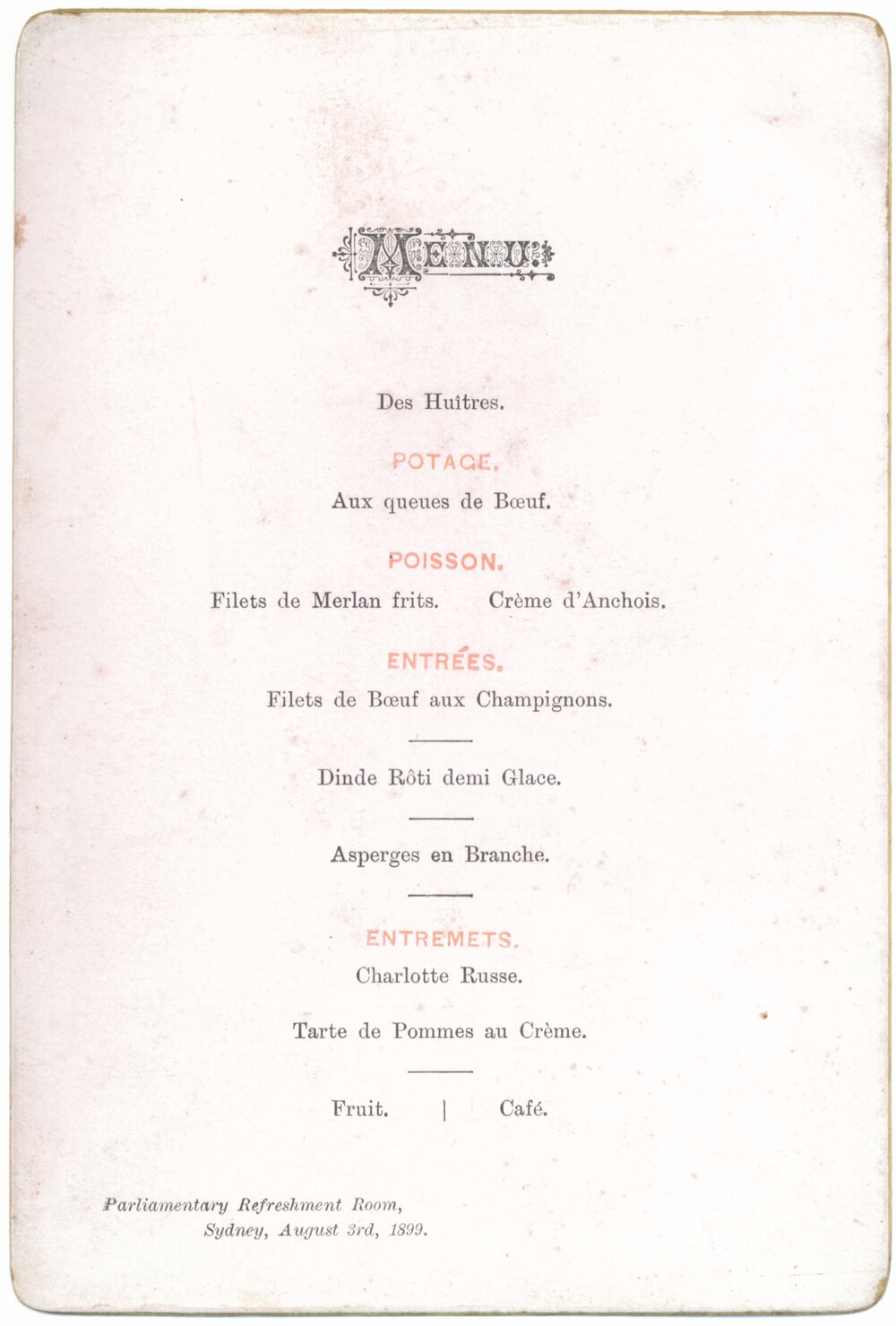 Menu - Parliamentary Refreshment Room -1899