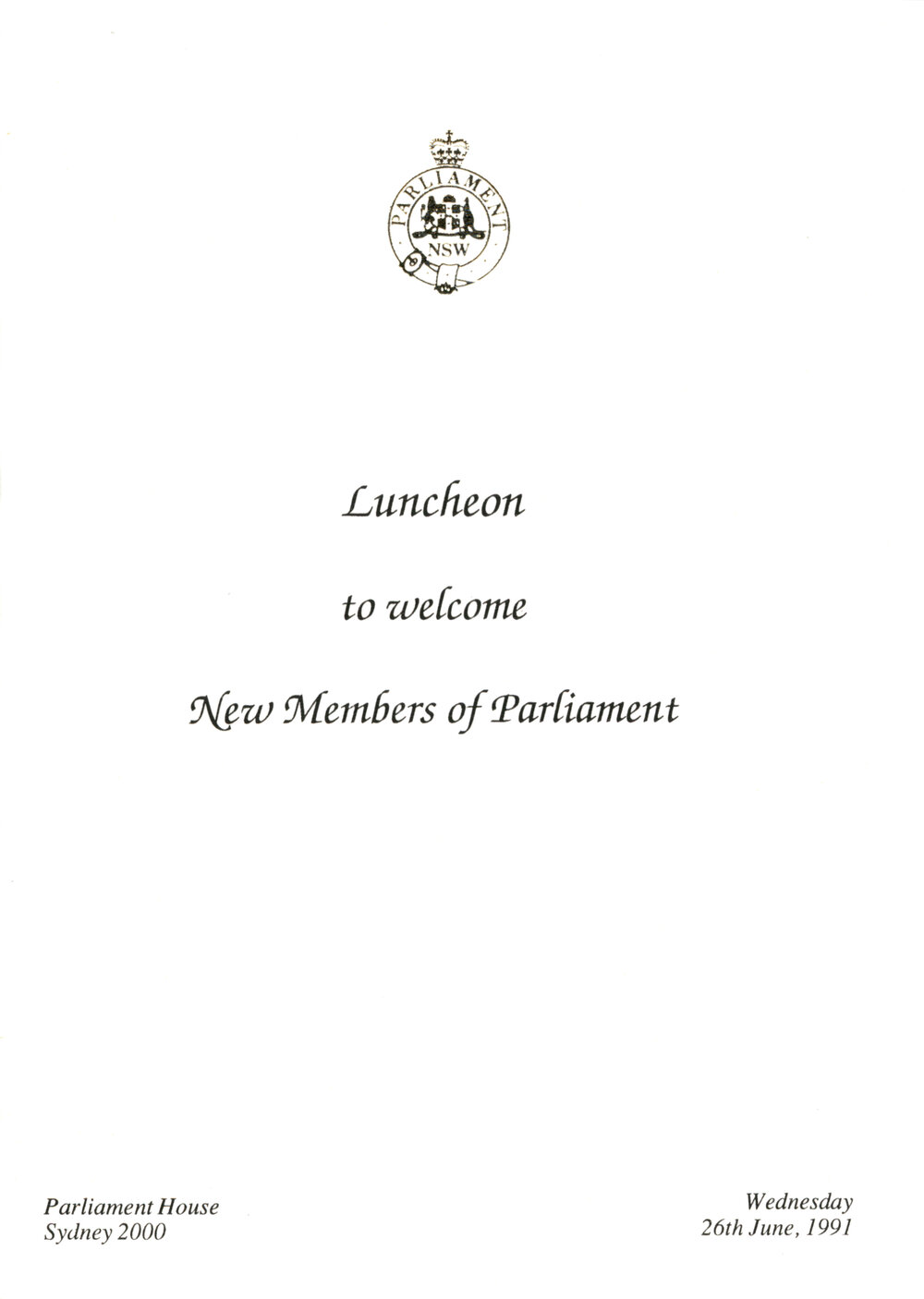 Menu - Luncheon New members of Parliament, Parliament House - 1991