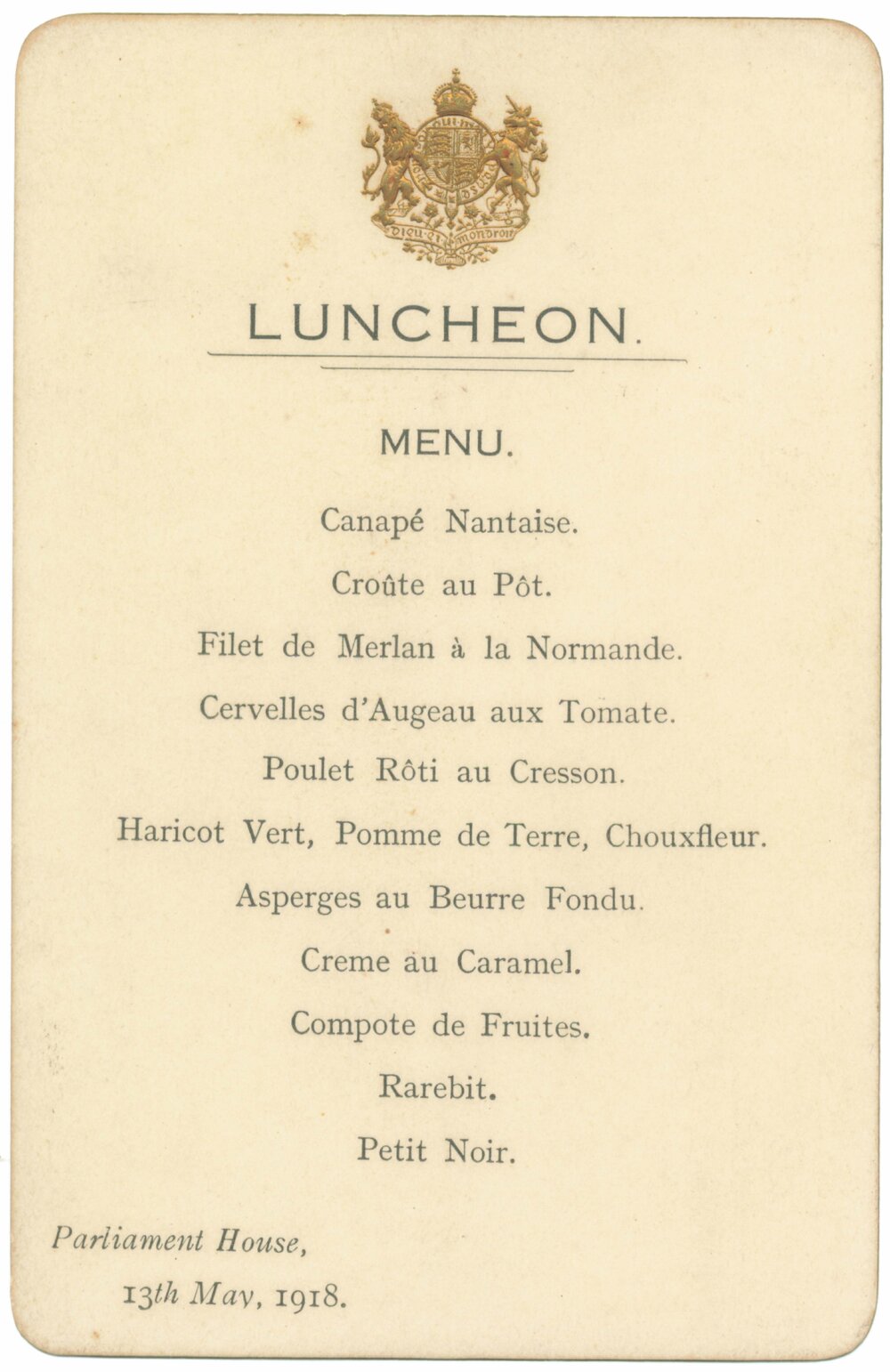 Menu - Luncheon, Parliament House - 1918