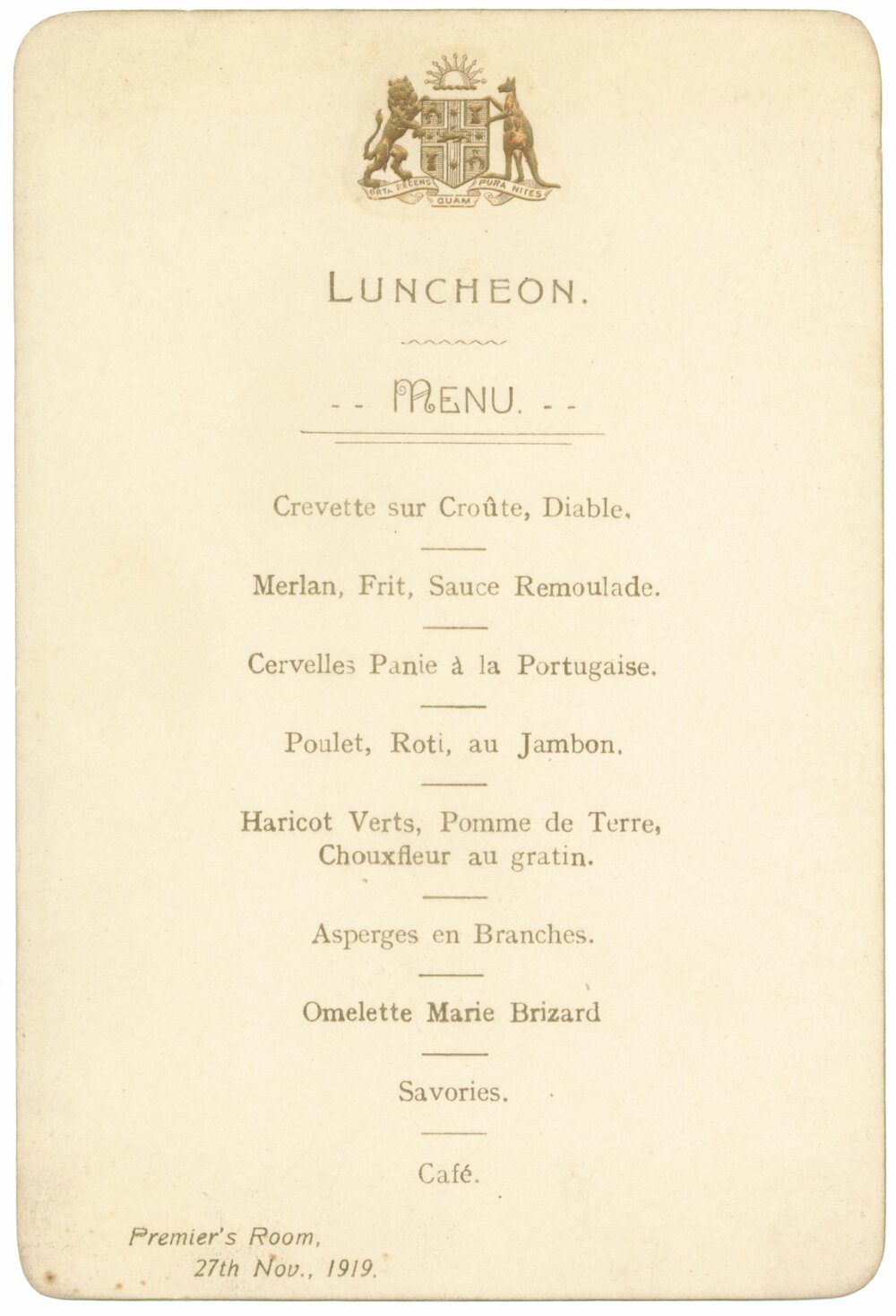 Menu - Luncheon, Premier&#039;s Room -1919