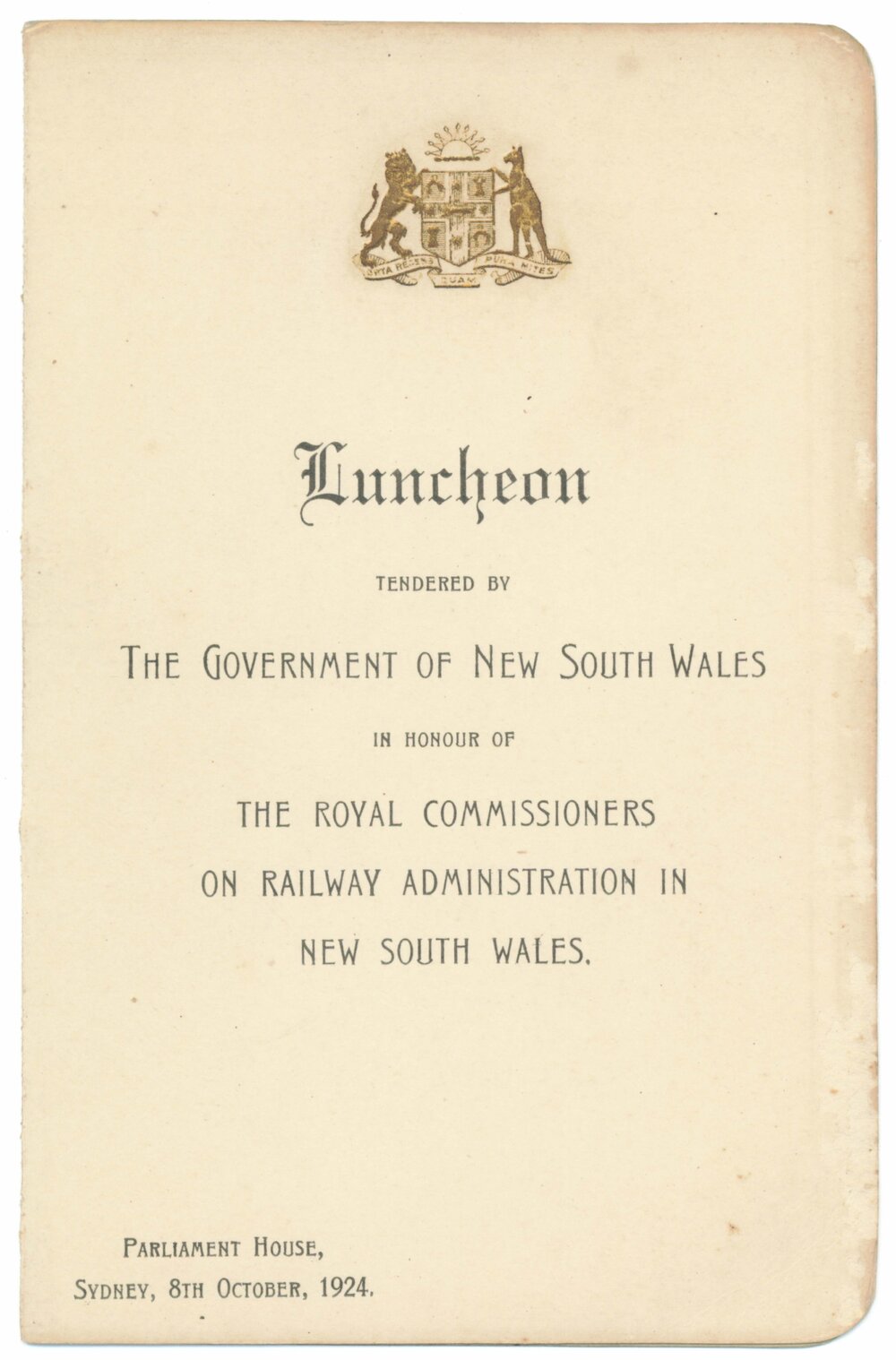 Menu - Luncheon, The Royal Commissioners on Railway Administration NSW - 1924