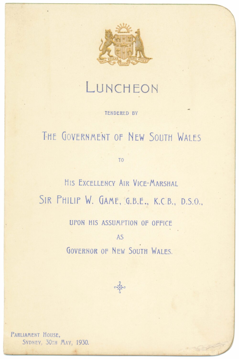 Menu - Luncheon, Sir Philip W. Game - 1930