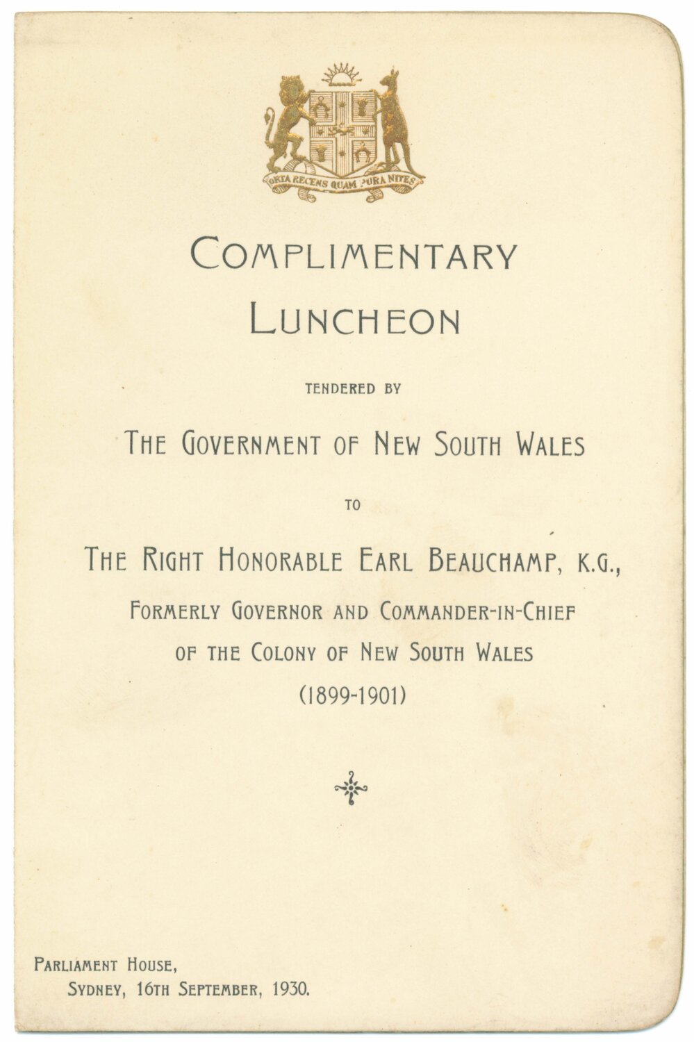 Menu - Complimentary Luncheon, The Right Honorable Earl Beauchamp - 1930