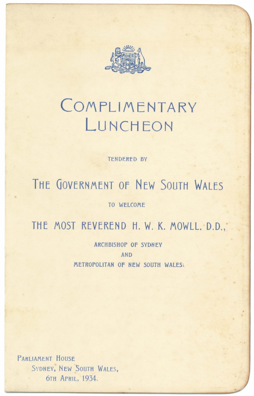 Menu - Complimentary Luncheon, Welcoming the Most Reverend H. Mowll - 1934