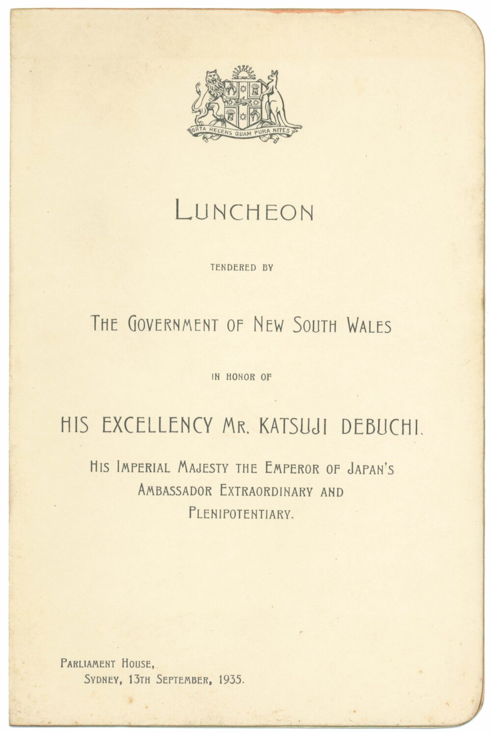 Menu - Luncheon, in Honor of His Excellency Mr. Katsuji Debuchi - 1935