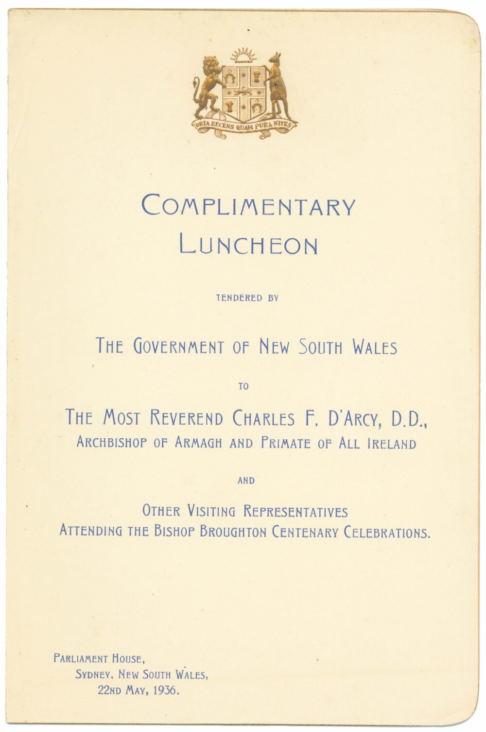 Menu - Complimentary Luncheon, The Most Reverend Charles F. D&#039;Arcy - 1936