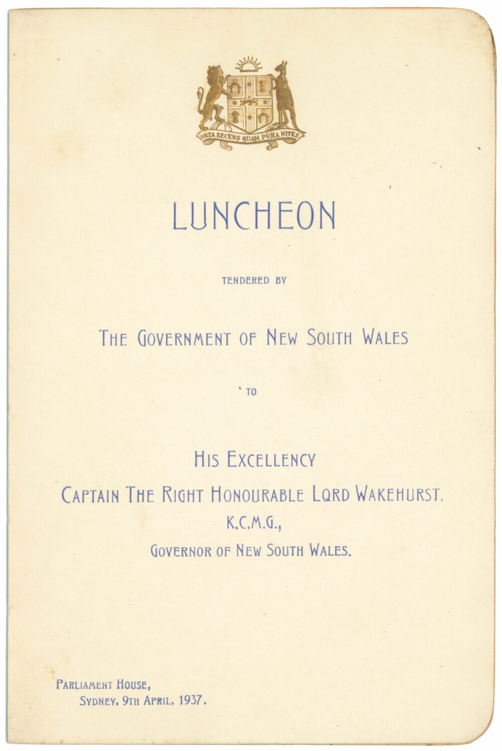 Menu - Luncheon, His Excellency Captain The Right Honourable Lord Wakehurst - 1937