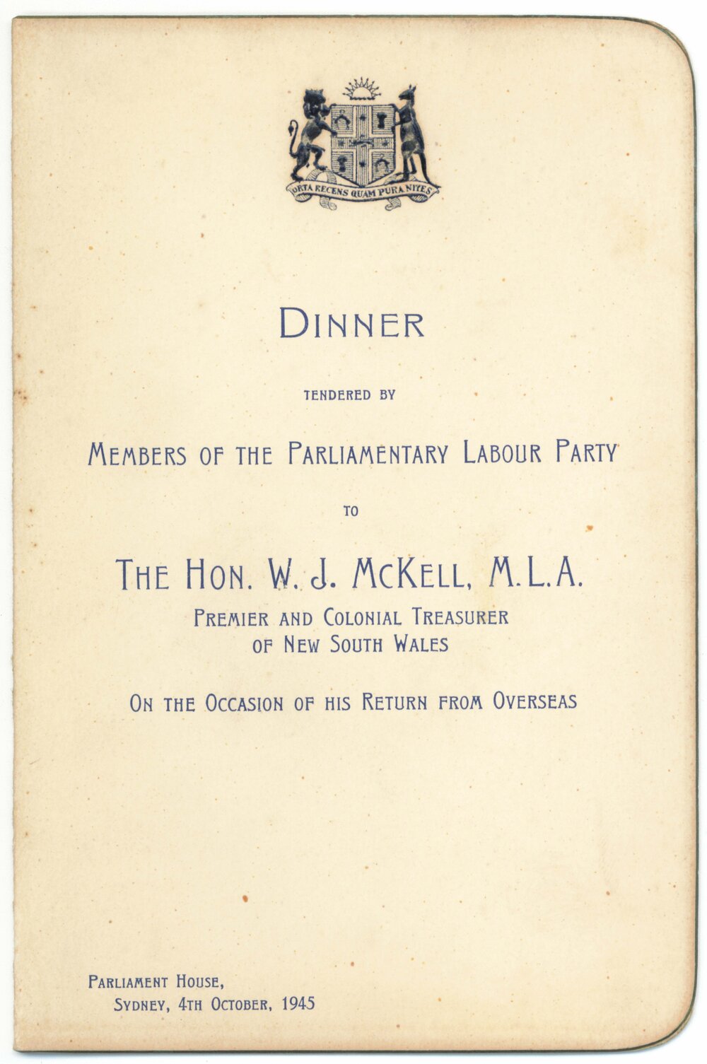 Menu - Dinner, The Honourable W. J. McKell, Premier and Colonial Treasurer of NSW - 1945