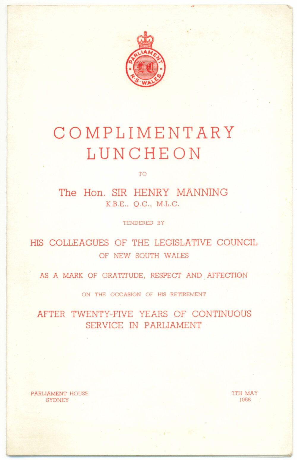 Menu - Luncheon, The Honourable Sir Henry Manning retirement - 1958