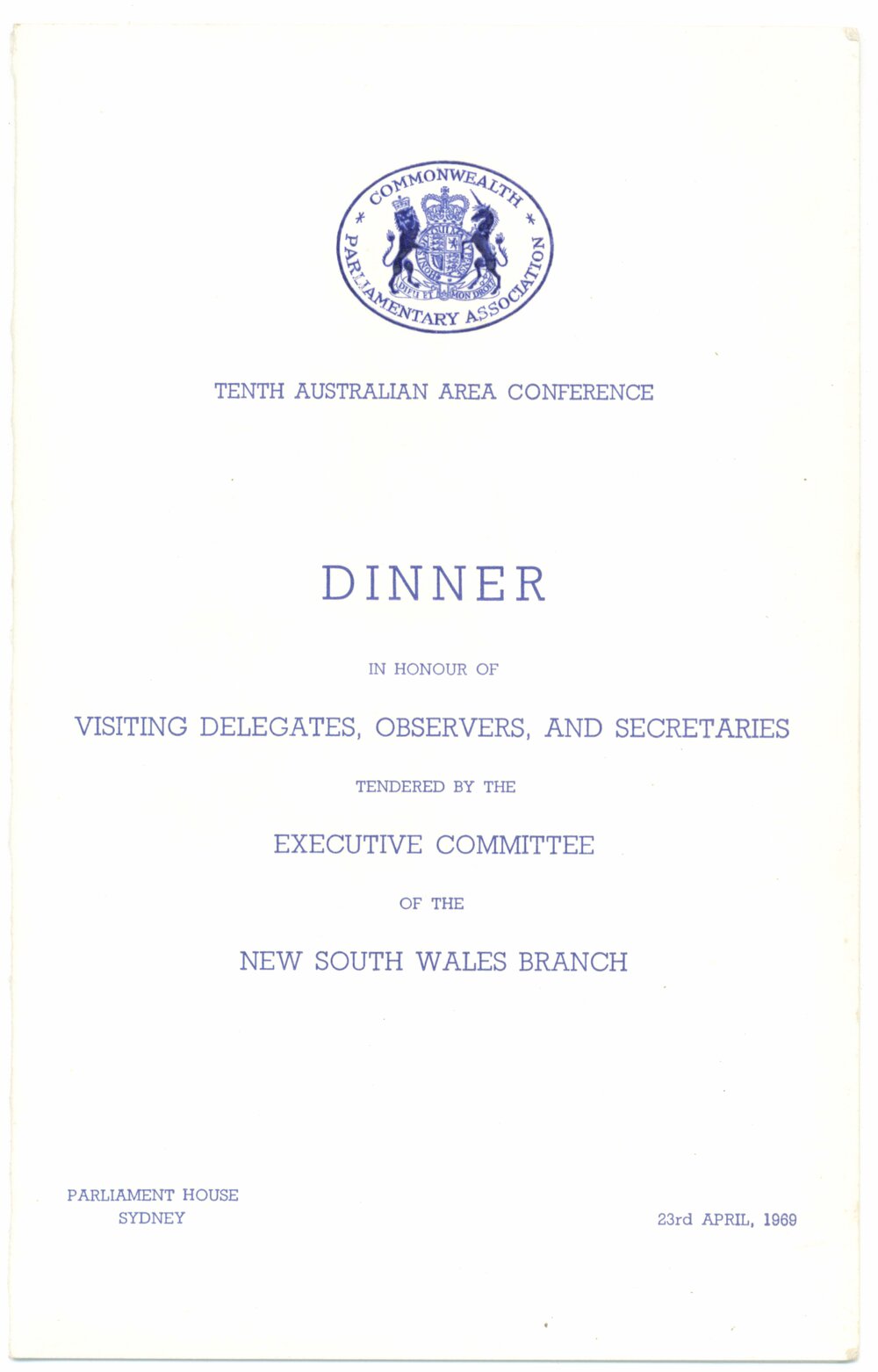 Menu - Dinner, Tenth Australian Area Conference - 1969