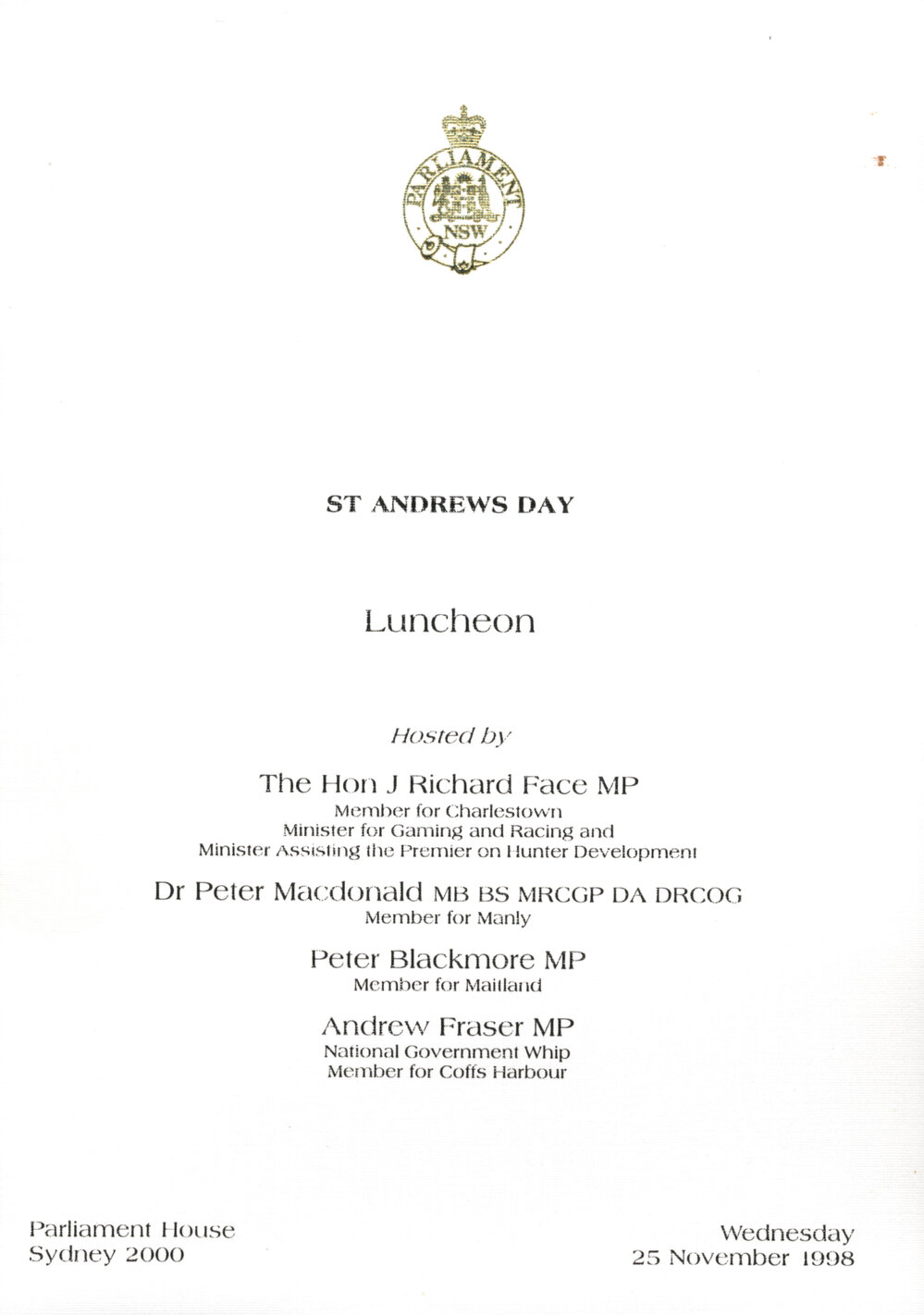 Menu - Luncheon St Andrews Day, Parliament House - 1998