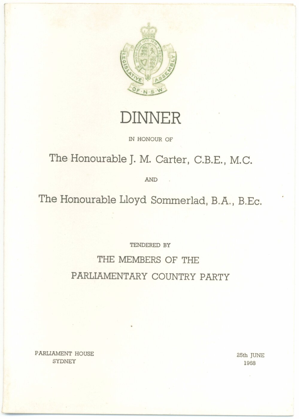 Menu - Dinner, The Hon. J.M. Carter and the Hon. Lloyd Sommerlad - 1968