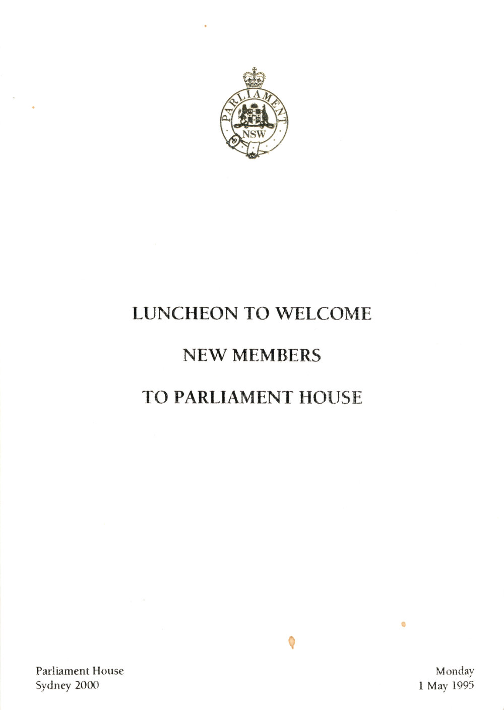 Menu - Luncheon Welcoming new members to Parliament House - Parliament House - 1995