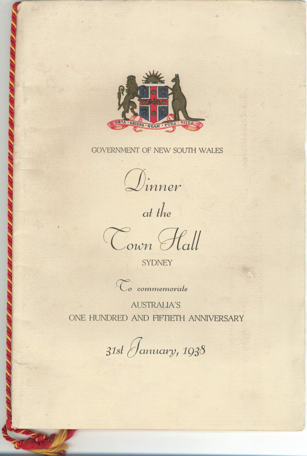 Menu Dinner at the Town Hall Sydney to Commemorate Australia&#039;s 150th anniversary 1938 