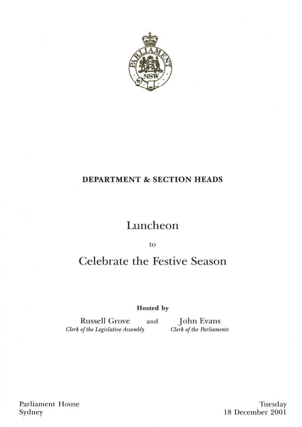 Menu - Luncheon Festive Season, Parliament House - 2001