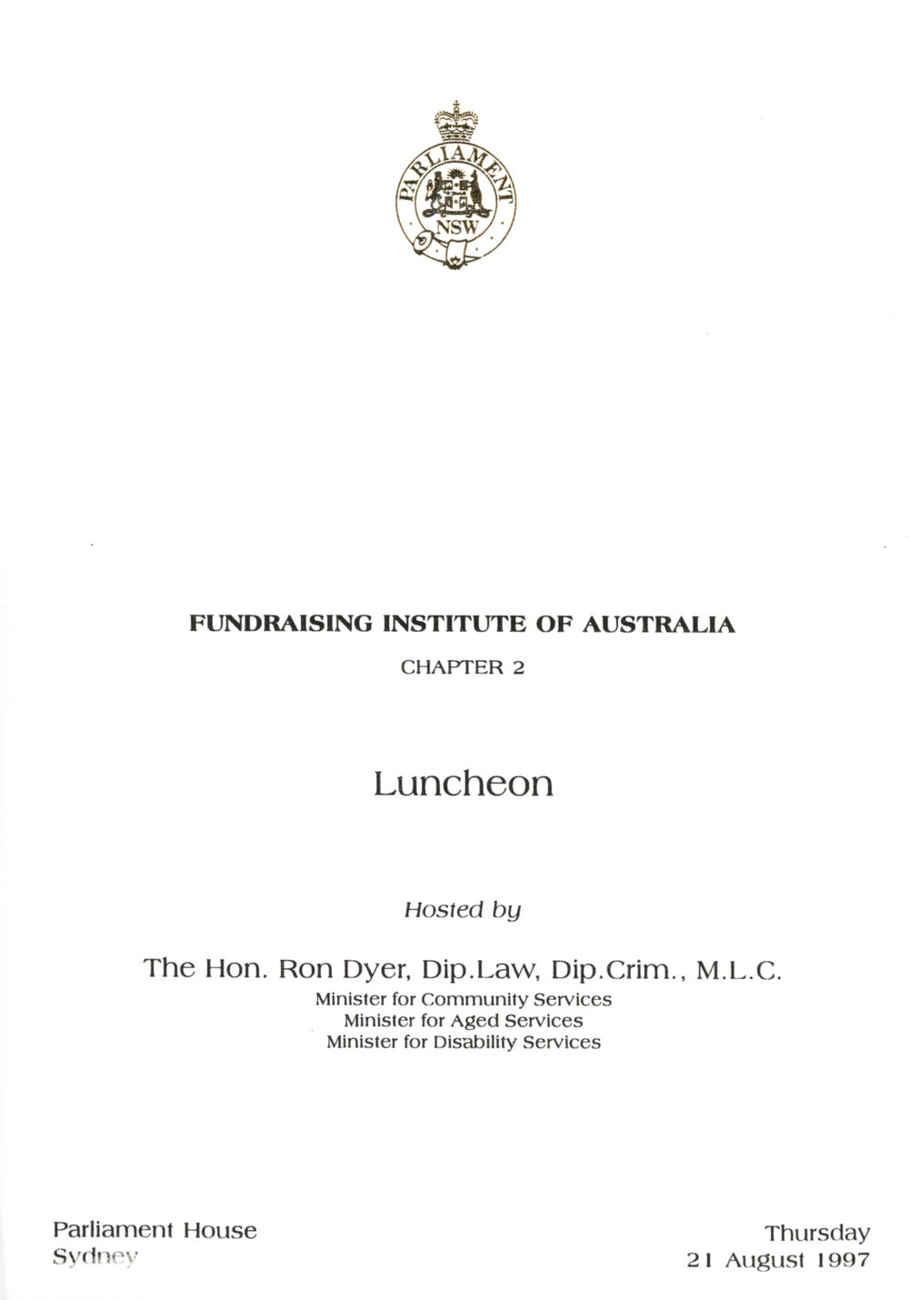 Menu - Luncheon Fundraising Institute of Australia, Parliament House - 1997