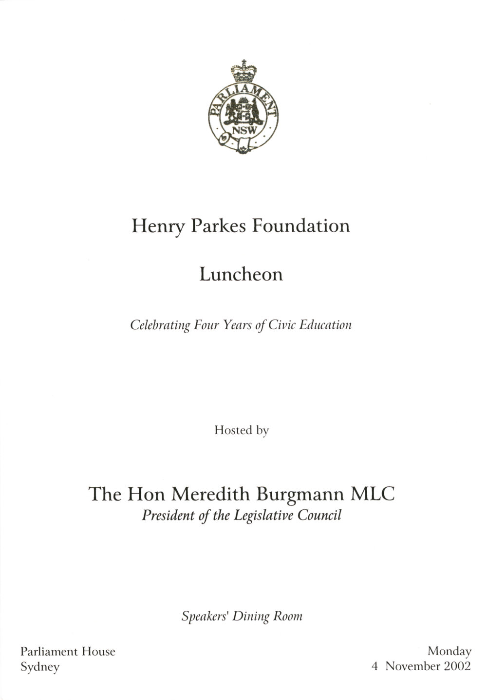 Menu - Luncheon Henry Parkes Foundation, Parliament House - 2002