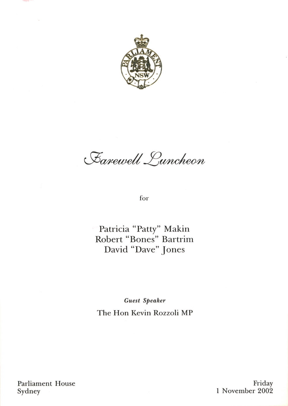 Menu - Luncheon Patricia Makin, Robert Bartrim and David Jones, Parliament House - 2002