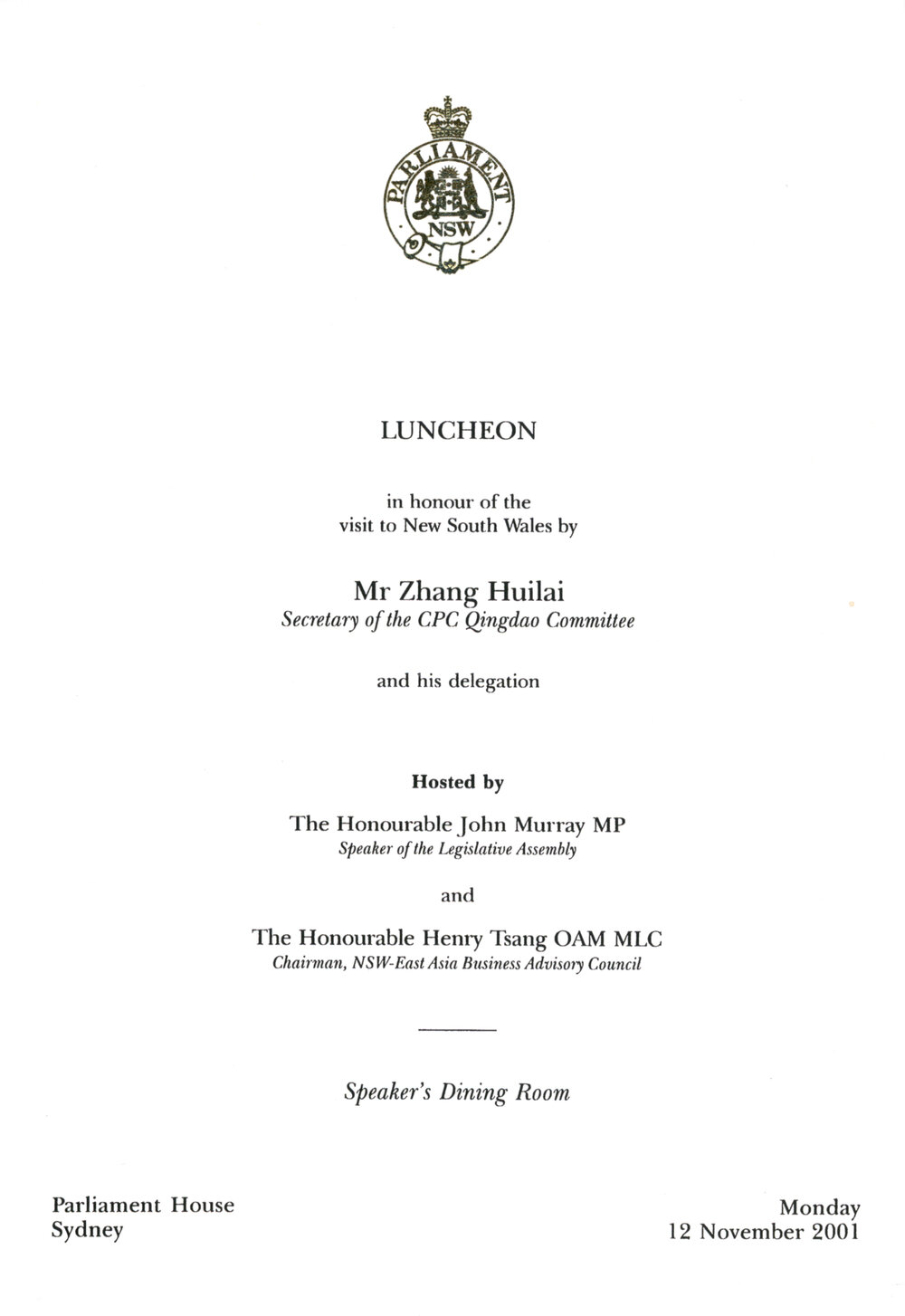 Menu - Luncheon Zhang Huilai, Communist Party of China, Speaker&rsquo;s Dining Room, Parliament House - 2001