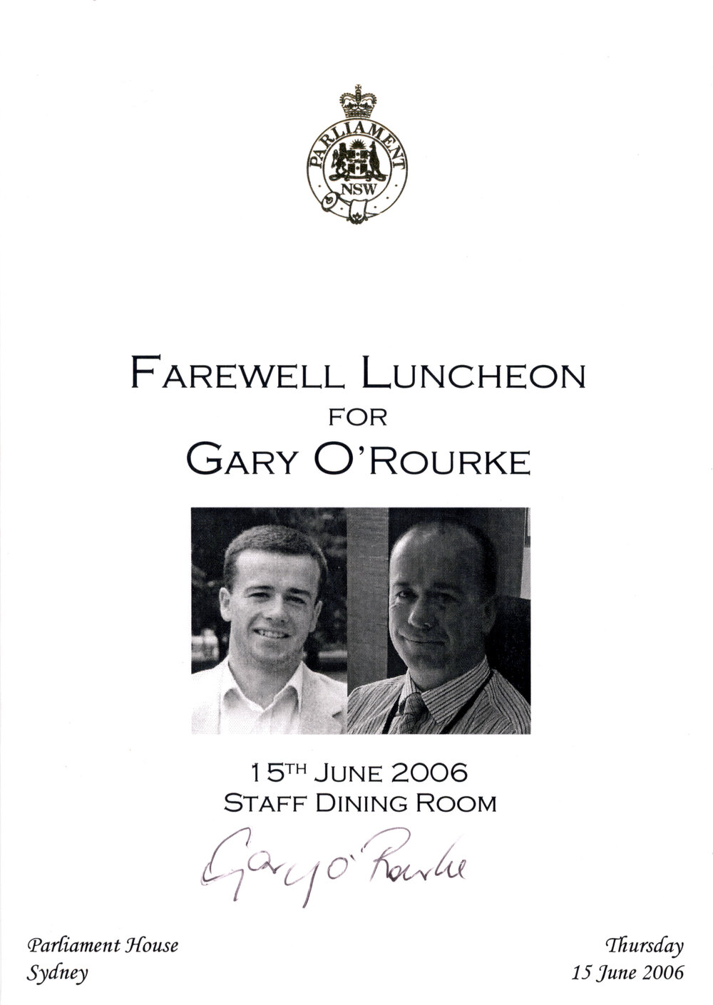Menu - Luncheon Gary O&rsquo;Rourke, Parliament House - 2006